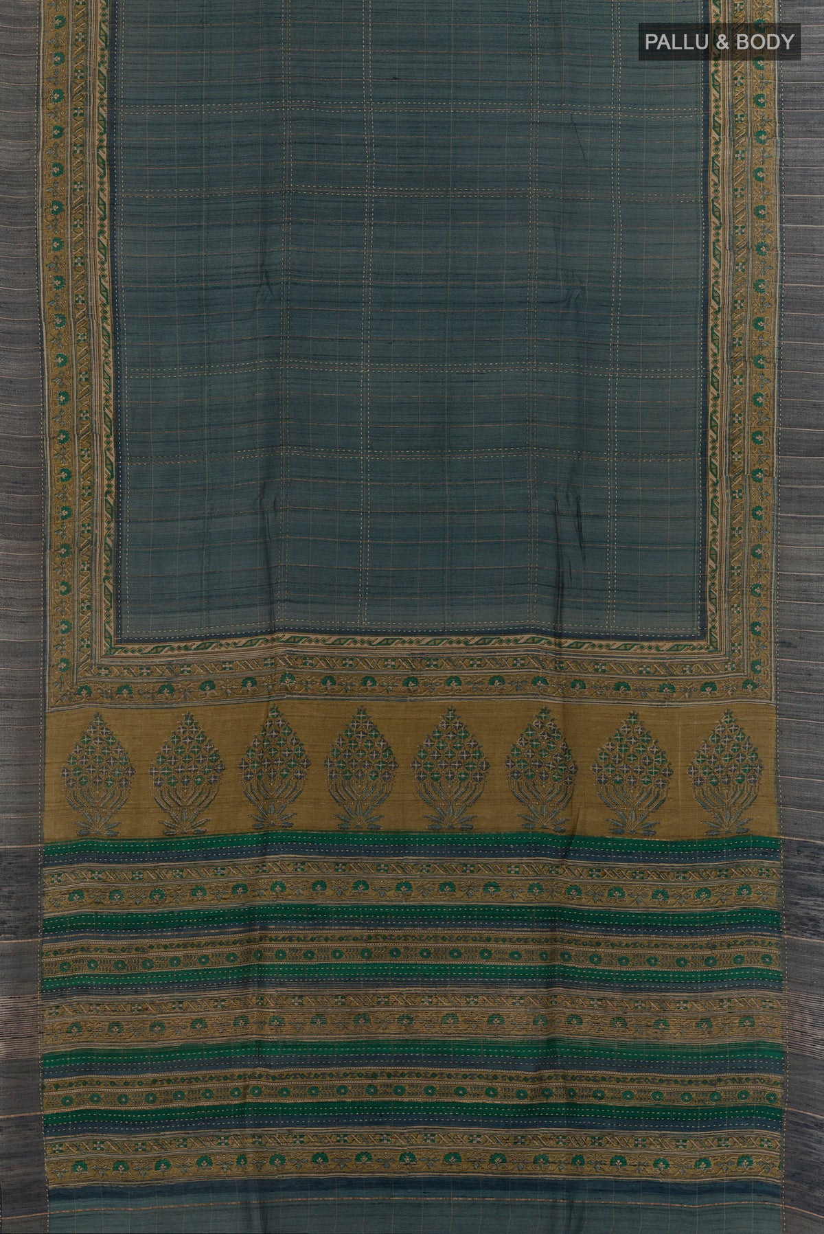 Flat view of Green Tussar Saree with Checked design on the body and Printed Border. 
