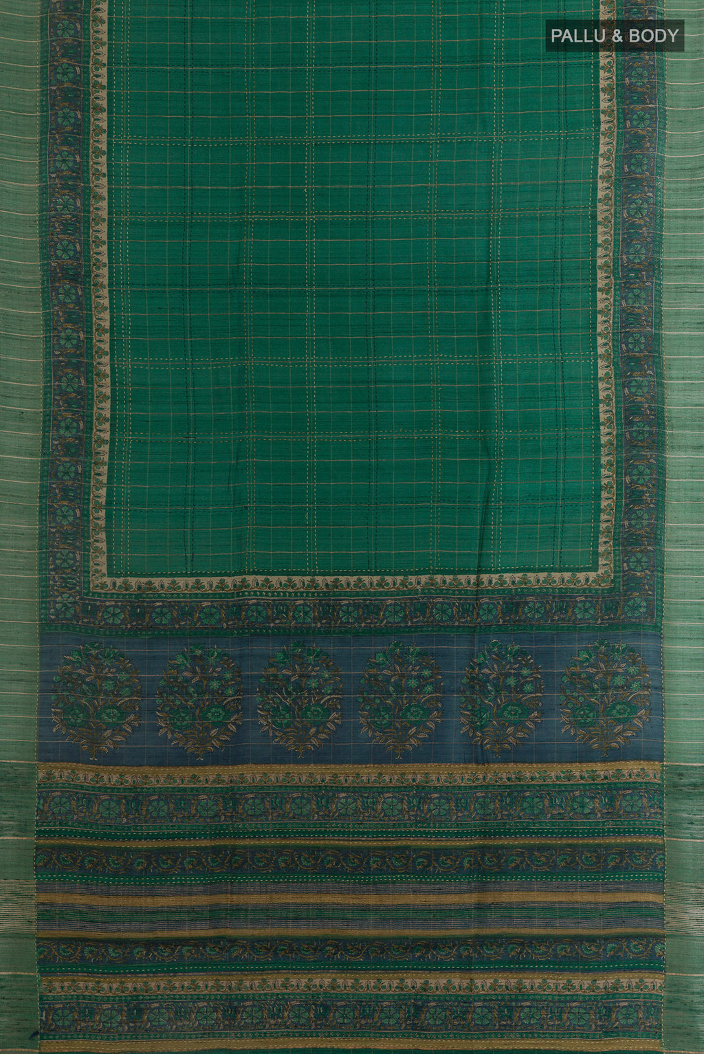 Flat view of Green Tussar Saree with Checked design on the body and Zari Border. 