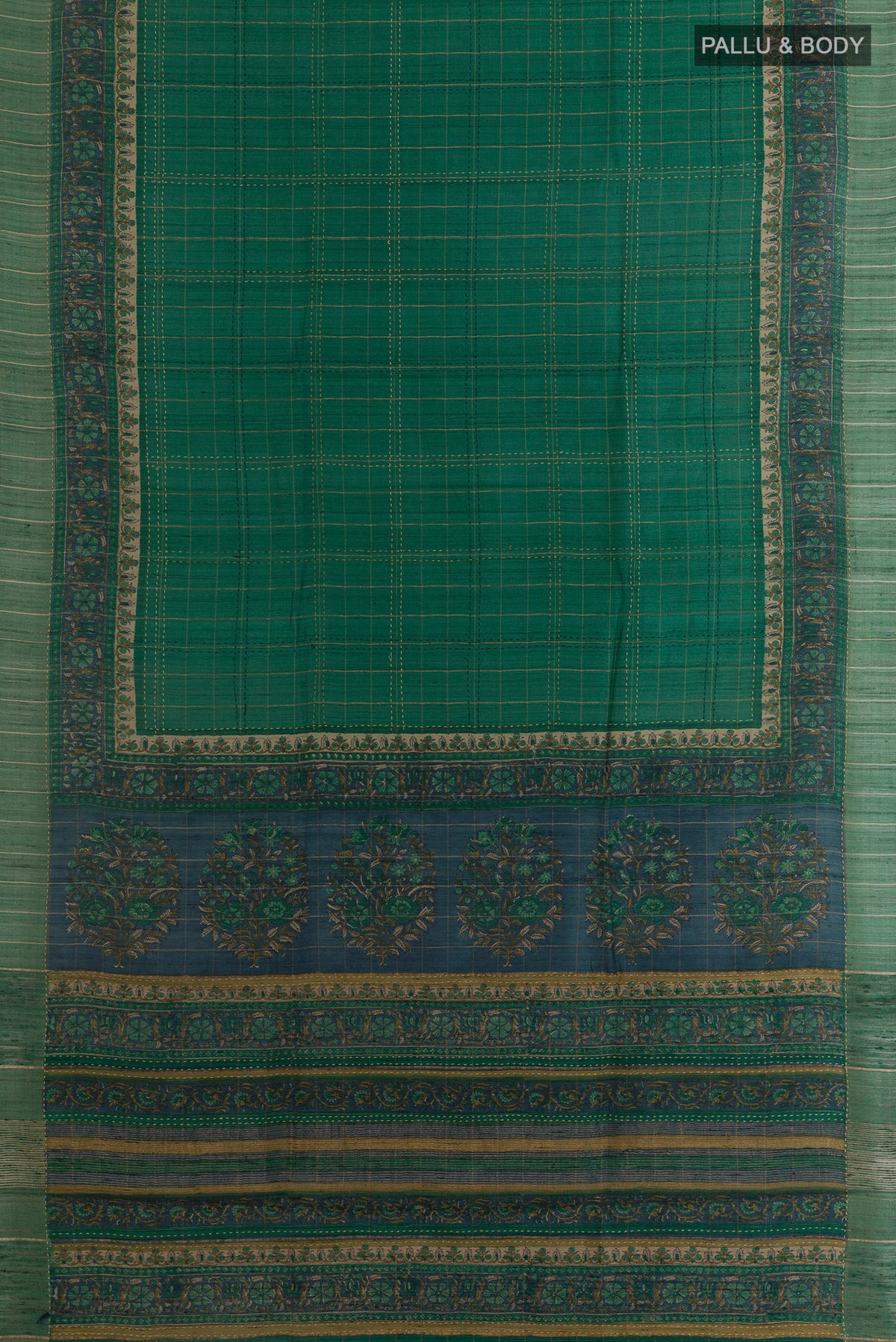 Flat view of Green Tussar Saree with Checked design on the body and Zari Border. 