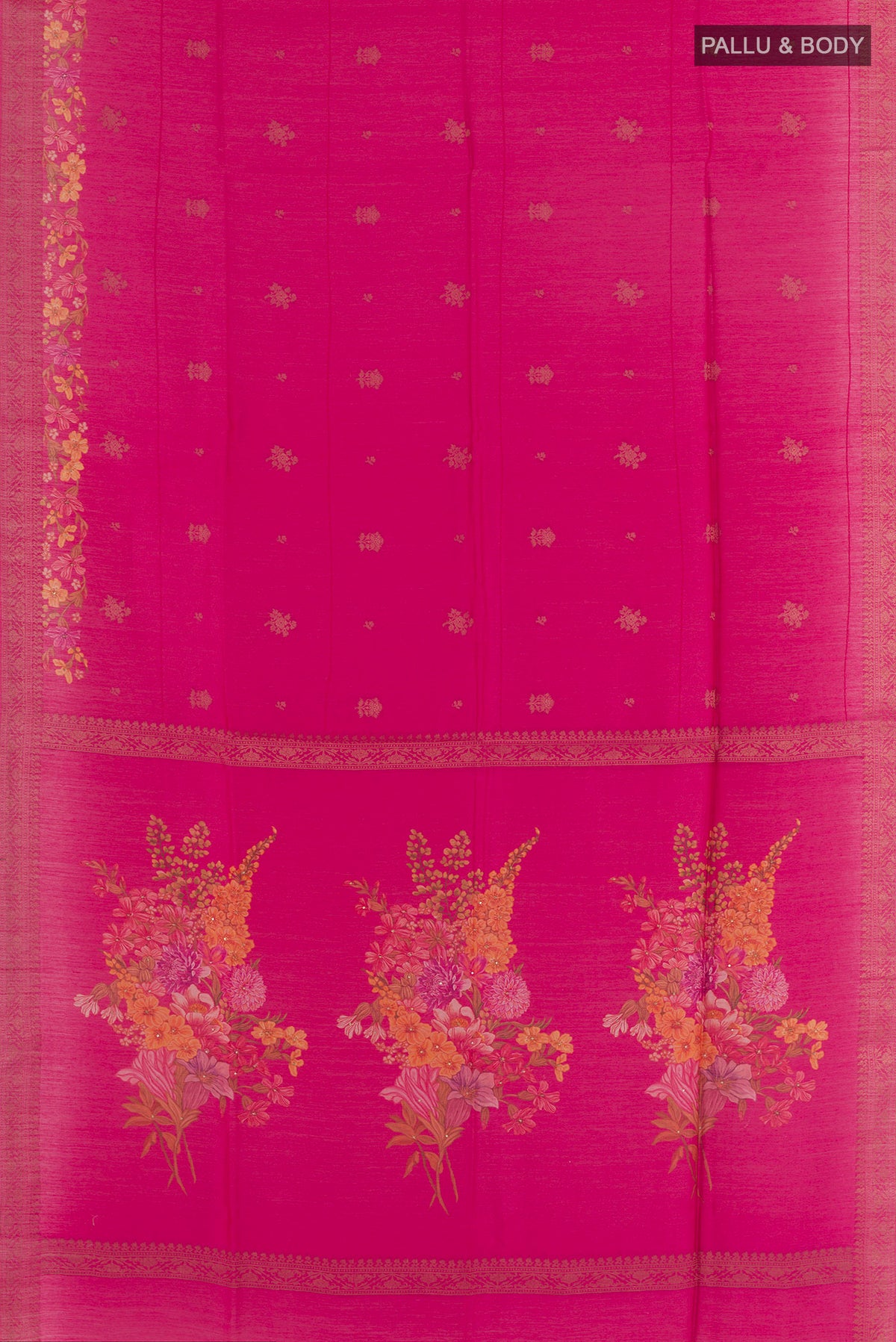 Flat view of Pink Tussar Saree with Zari Butta on the body and Zari Border. 