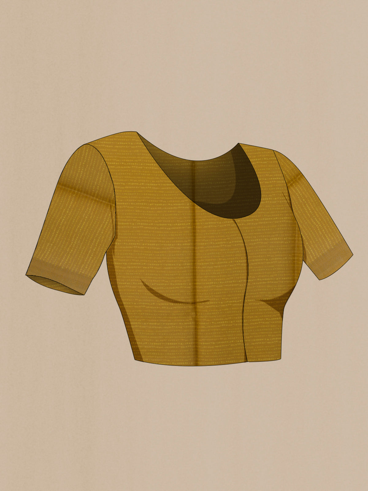 Close up image of the blouse of Mustard Tussar Saree with Zari Butta on the body and Zari Border. 