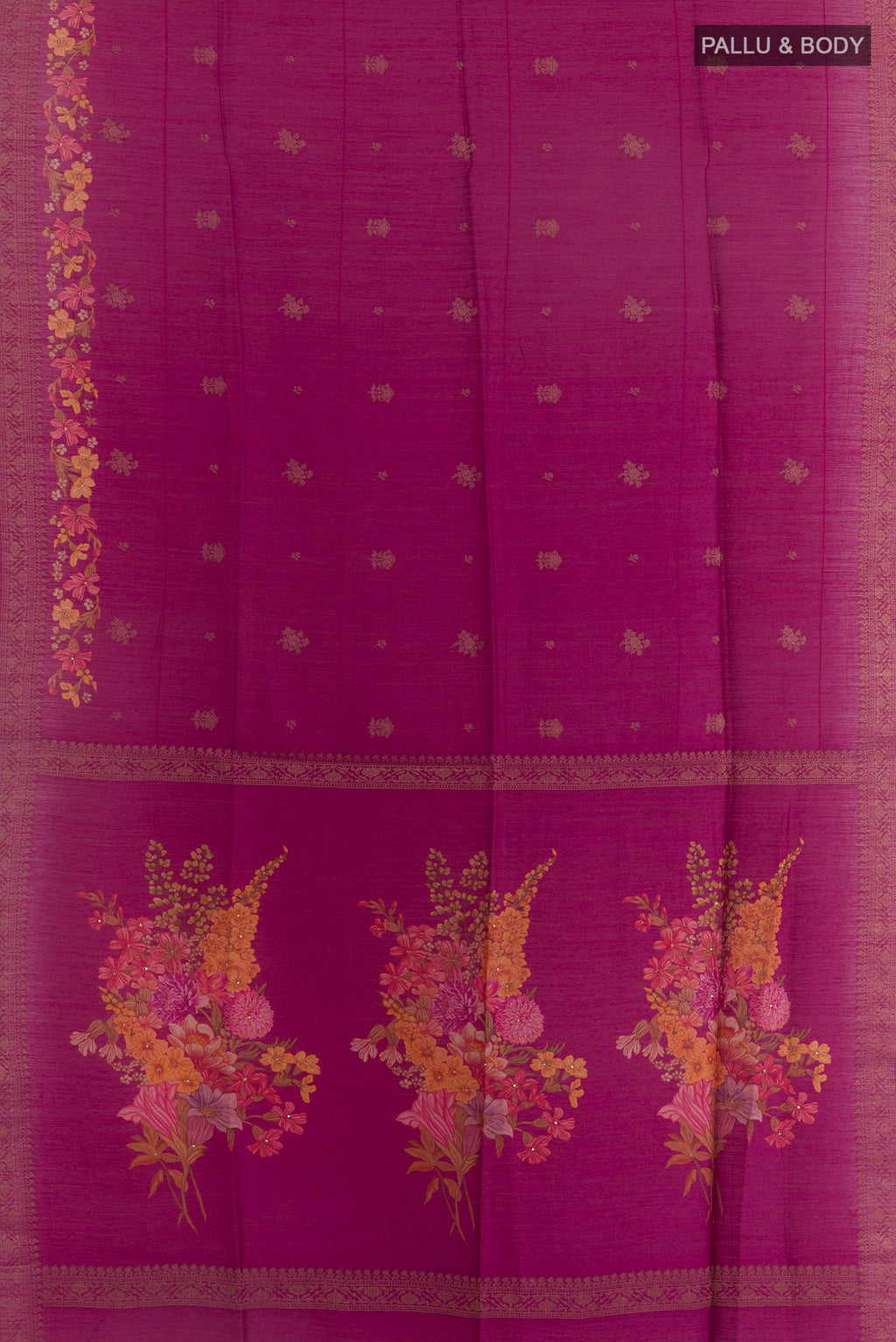 Flat view of Light Magenta Tussar Saree with Thread Butta on the body and Zari Border. 