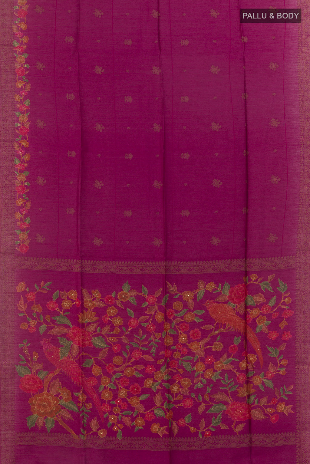 Flat view of Magenta Tussar Saree with Thread Butta on the body and Zari Border. 