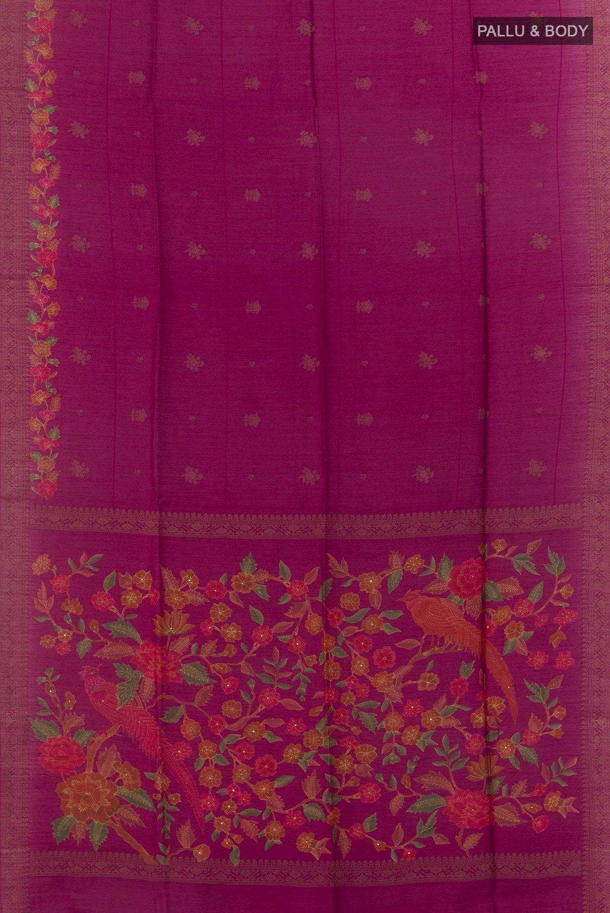 Flat view of Magenta Tussar Saree with Thread Butta on the body and Zari Border. 