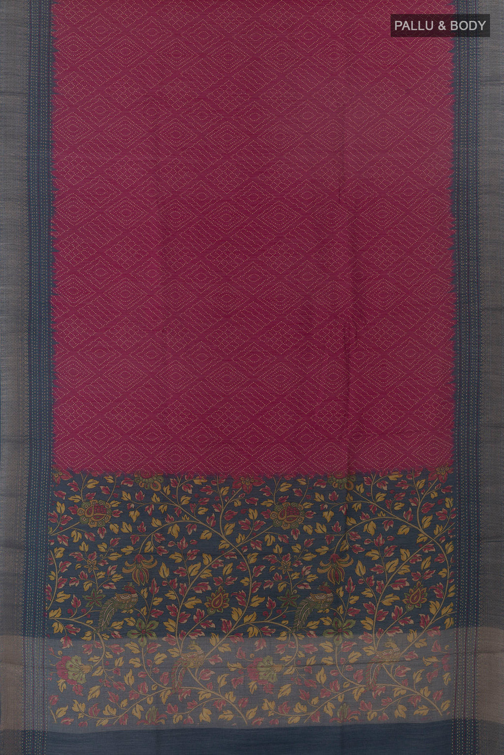 Flat view of Pink Tussar Saree with Printed design on the body and Zari Border. 
