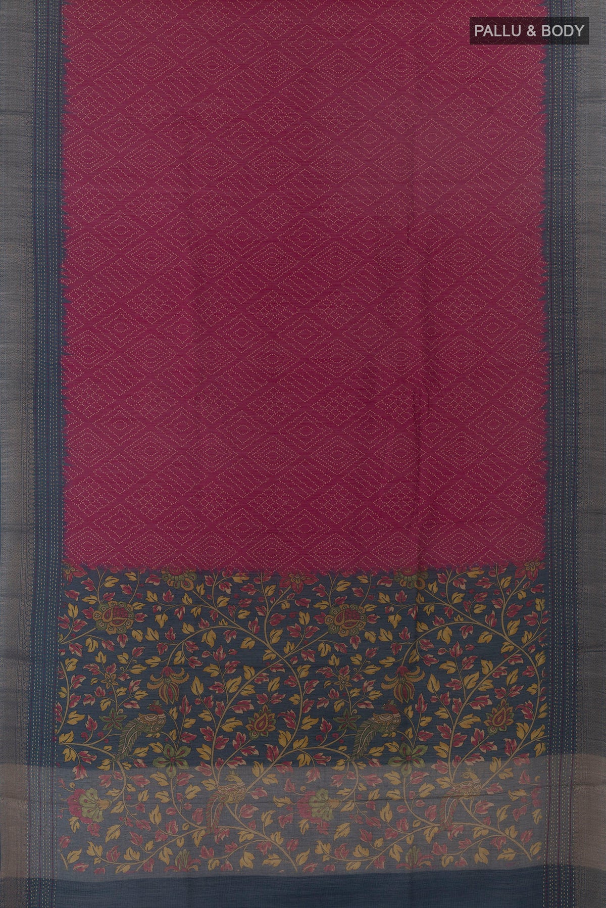Flat view of Pink Tussar Saree with Printed design on the body and Zari Border. 