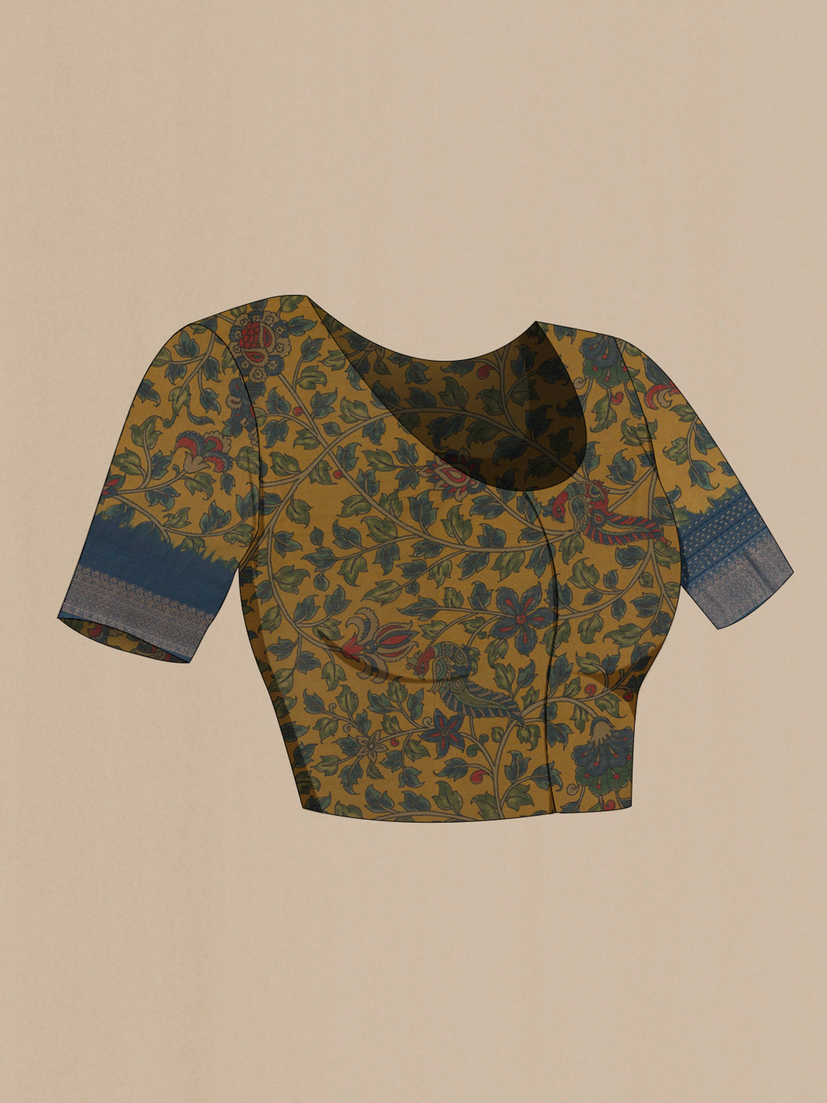 Close up image of the blouse of Blue Tussar Saree with Printed design on the body and Zari Border. 