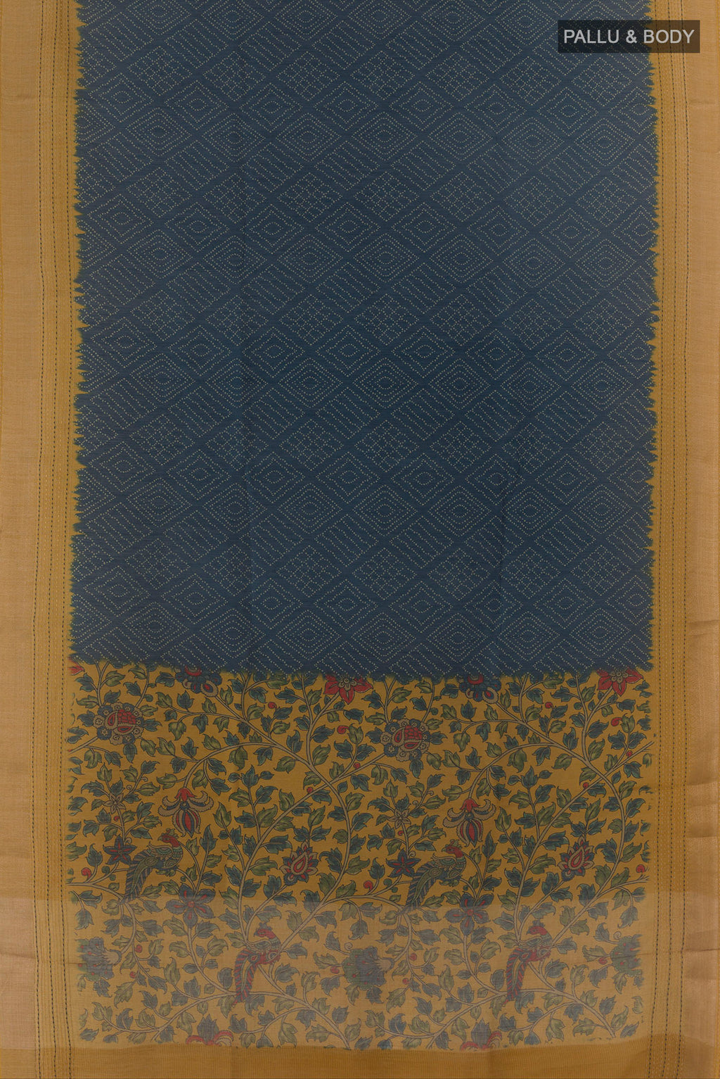 Flat view of Blue Tussar Saree with Printed design on the body and Zari Border. 