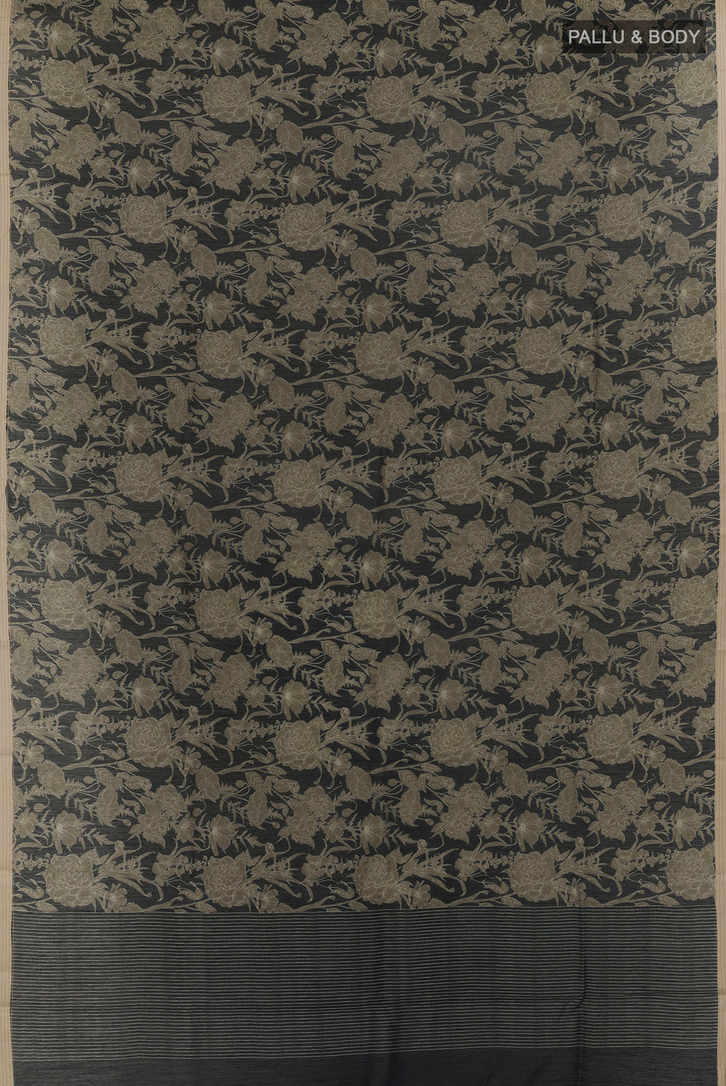 Flat view of Black Tussar Saree with Printed design on the body and Thread Border. 