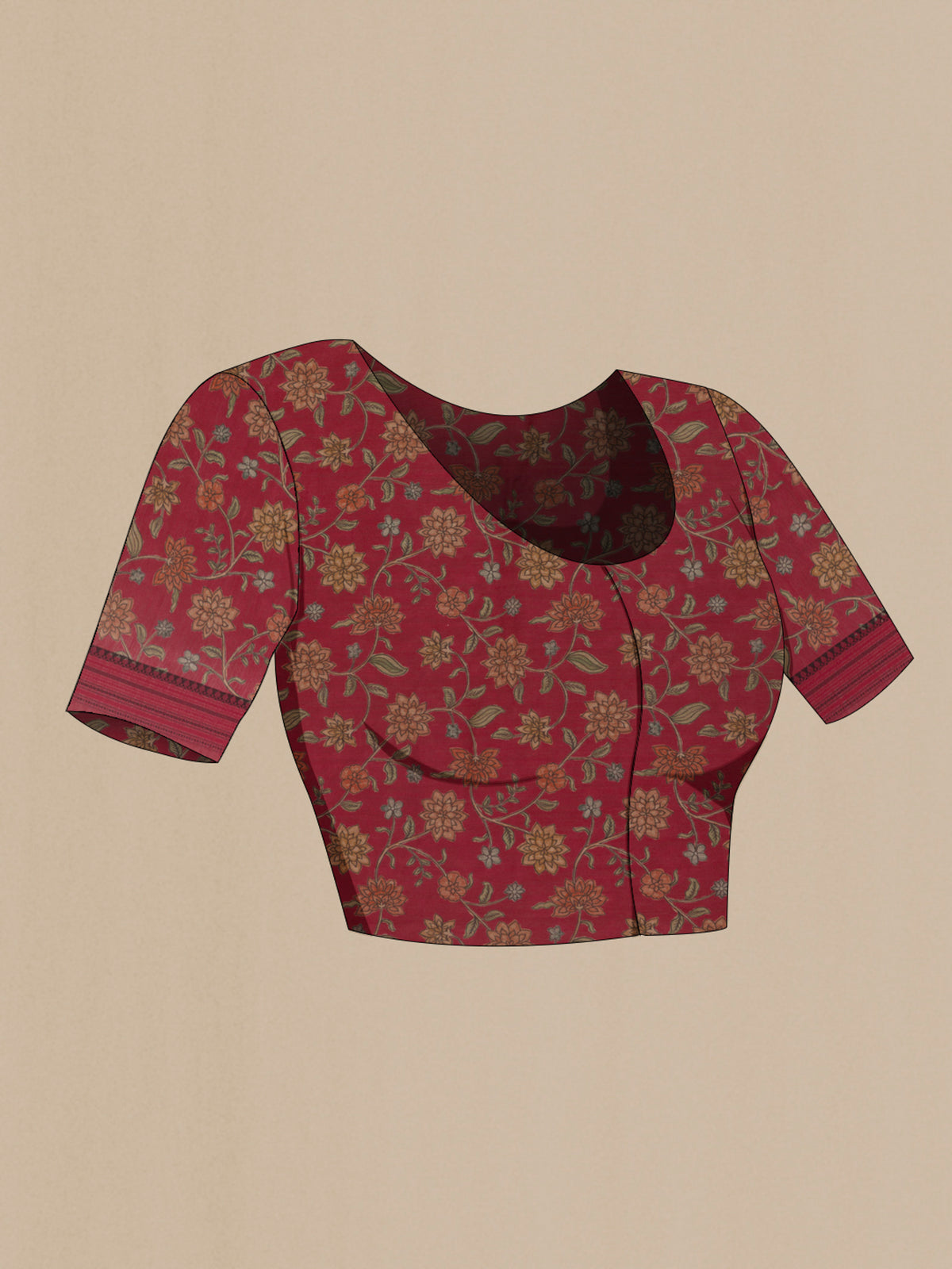 Close up image of the blouse of Red Tussar Saree with Plain Body and Zari Border. 