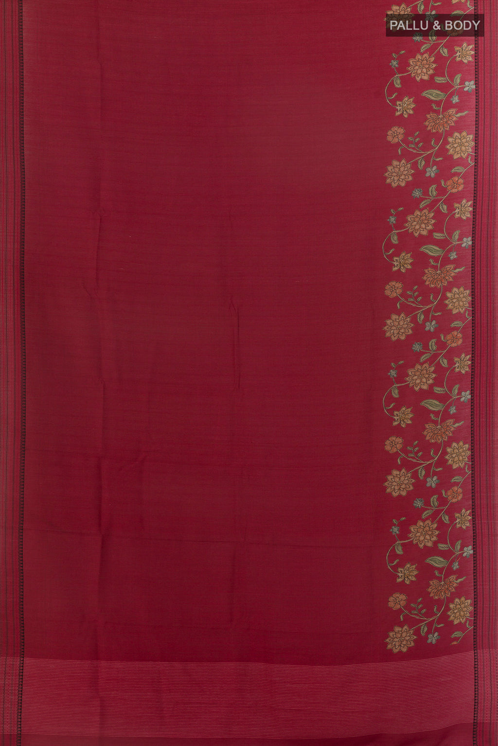 Flat view of Red Tussar Saree with Plain Body and Zari Border. 