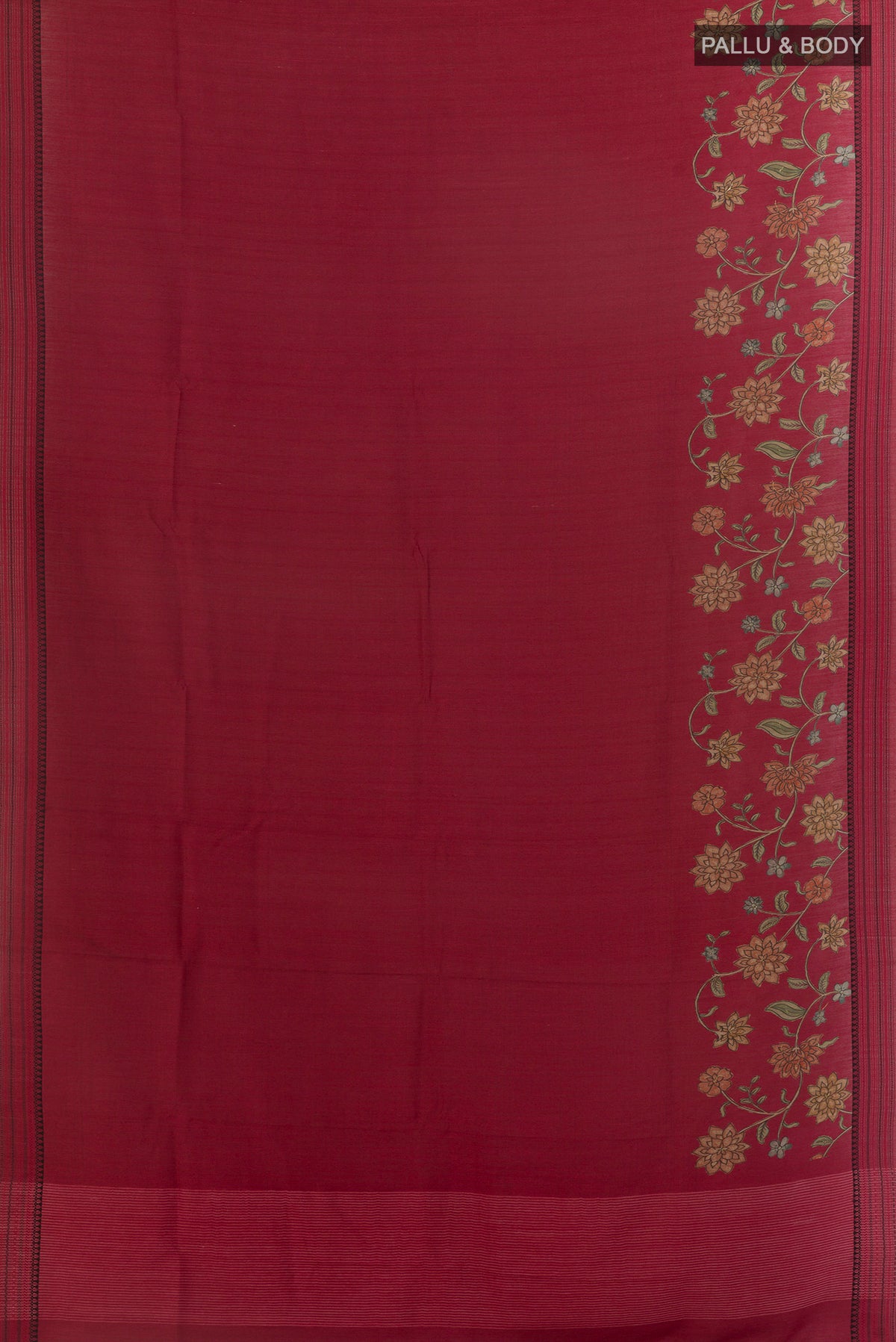 Flat view of Red Tussar Saree with Plain Body and Zari Border. 