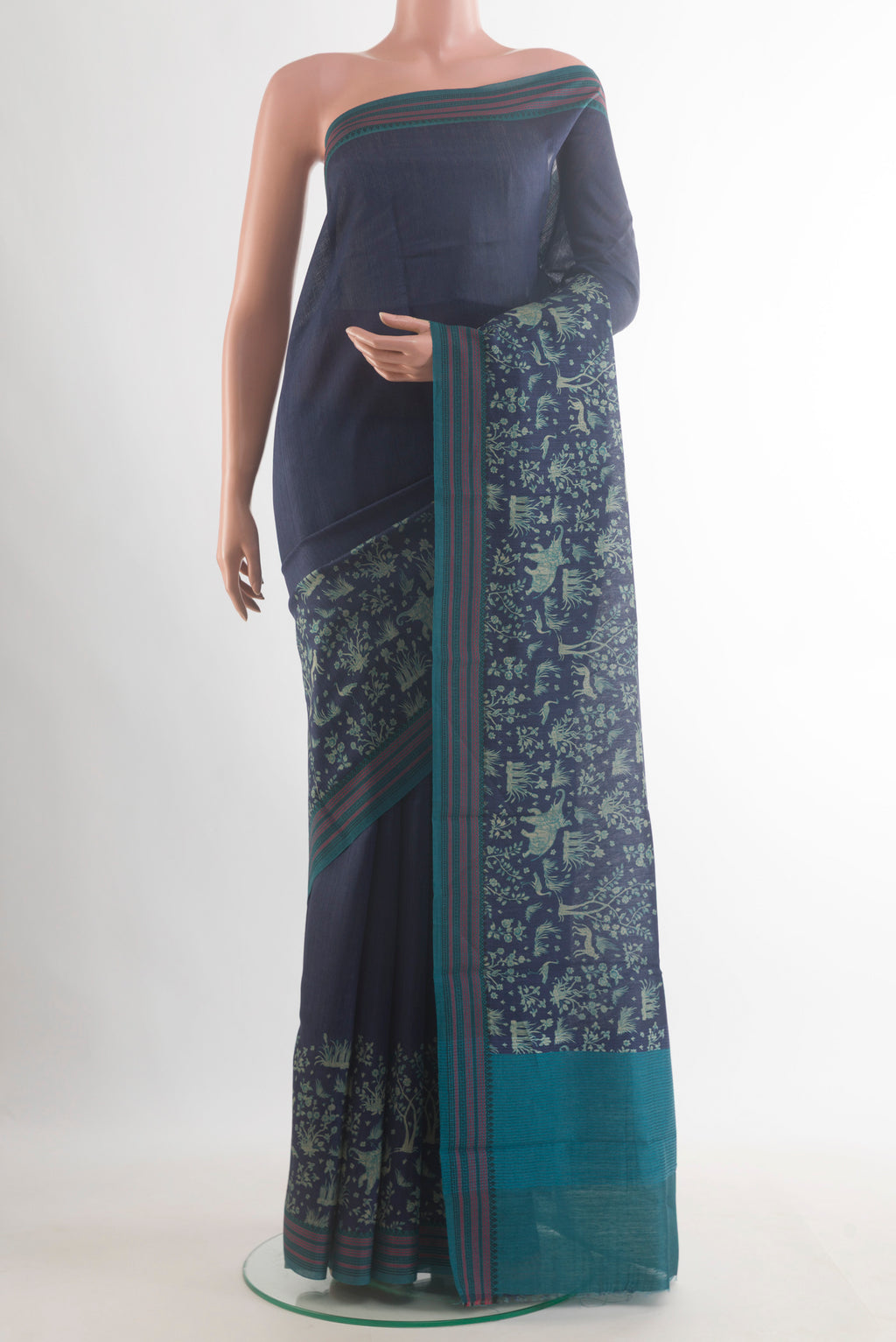 Navy Blue Tussar Saree with Plain Body and Thread Border.  displayed on a mannequin