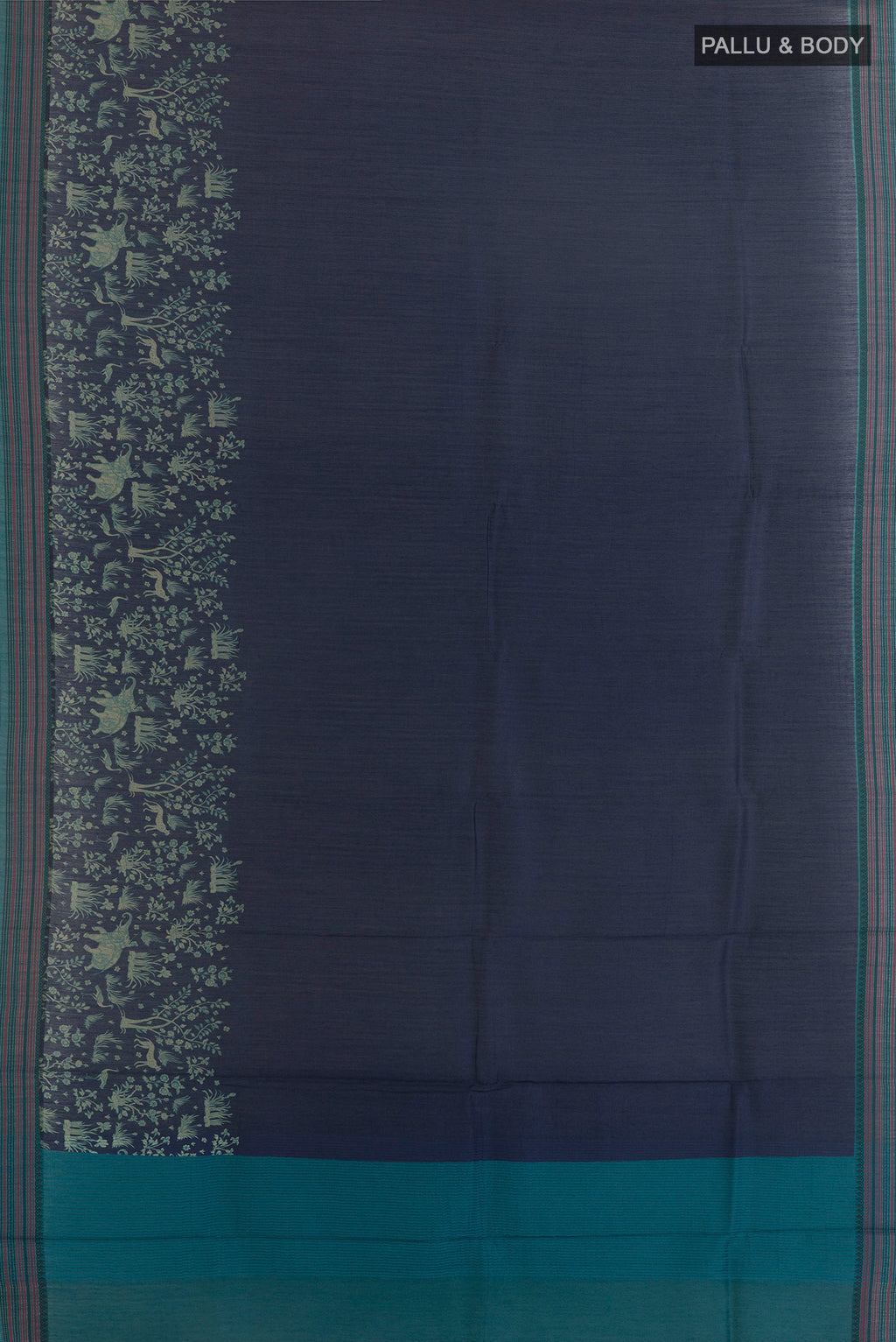 Flat view of Navy Blue Tussar Saree with Plain Body and Thread Border. 