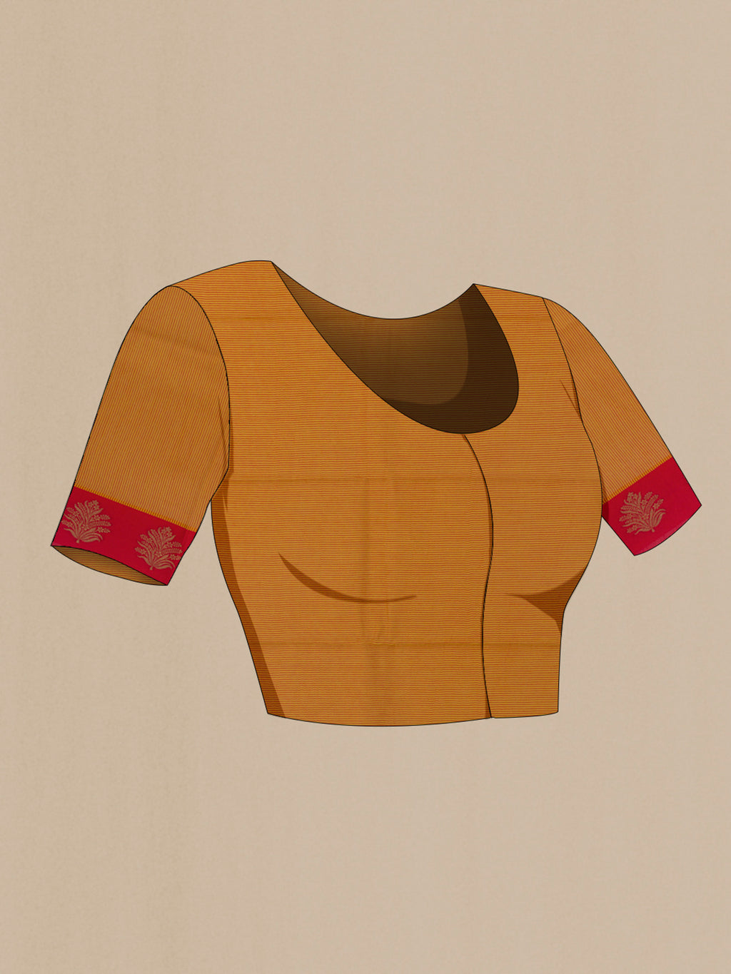 Close up image of the blouse of Red Tussar Saree with Printed design on the body and Zari Border. 