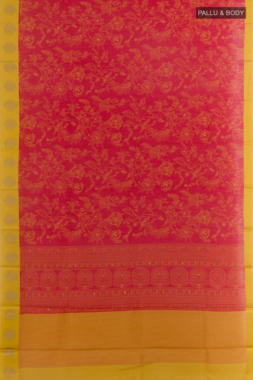 Flat view of Red Tussar Saree with Printed design on the body and Zari Border. 