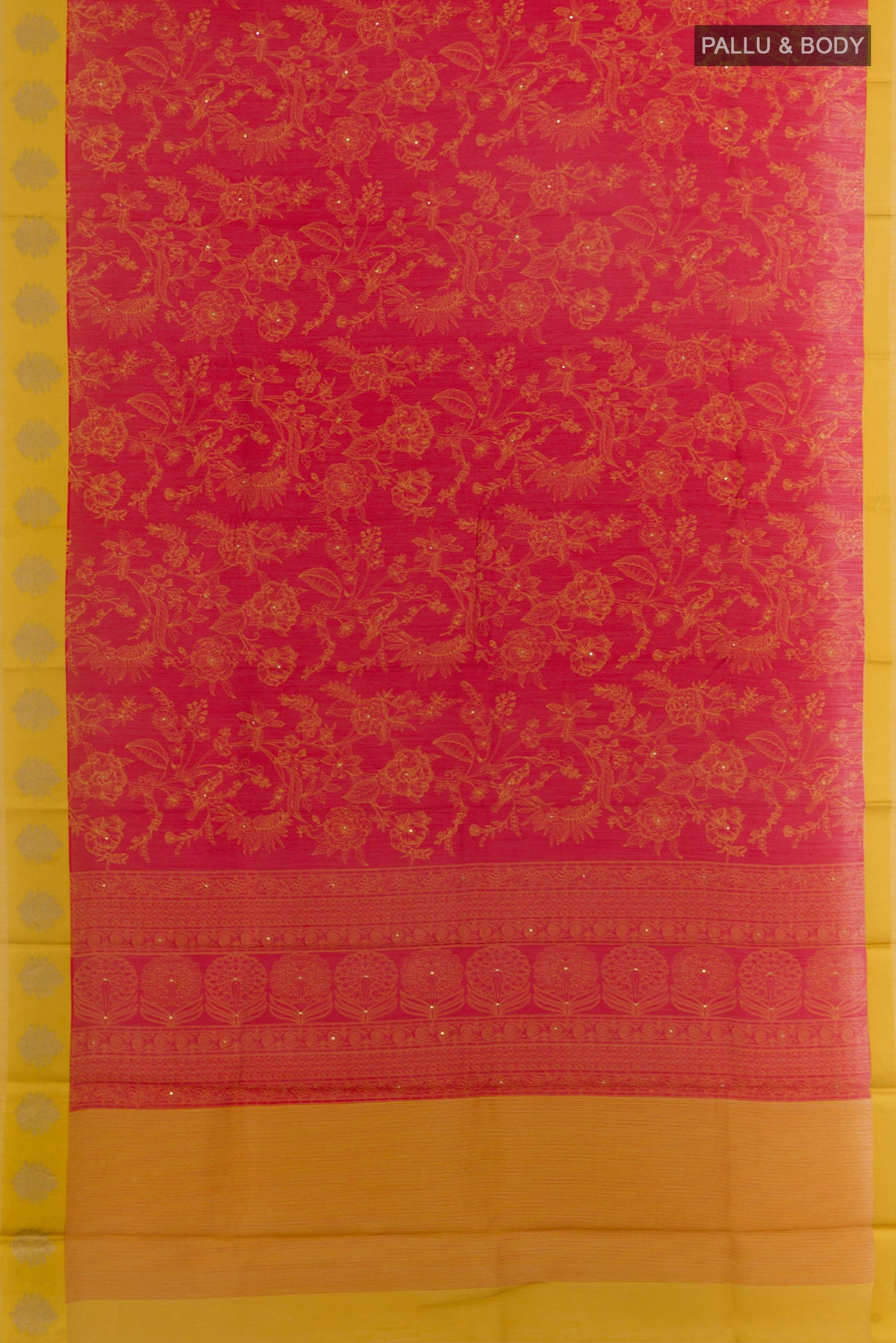 Flat view of Red Tussar Saree with Printed design on the body and Zari Border. 