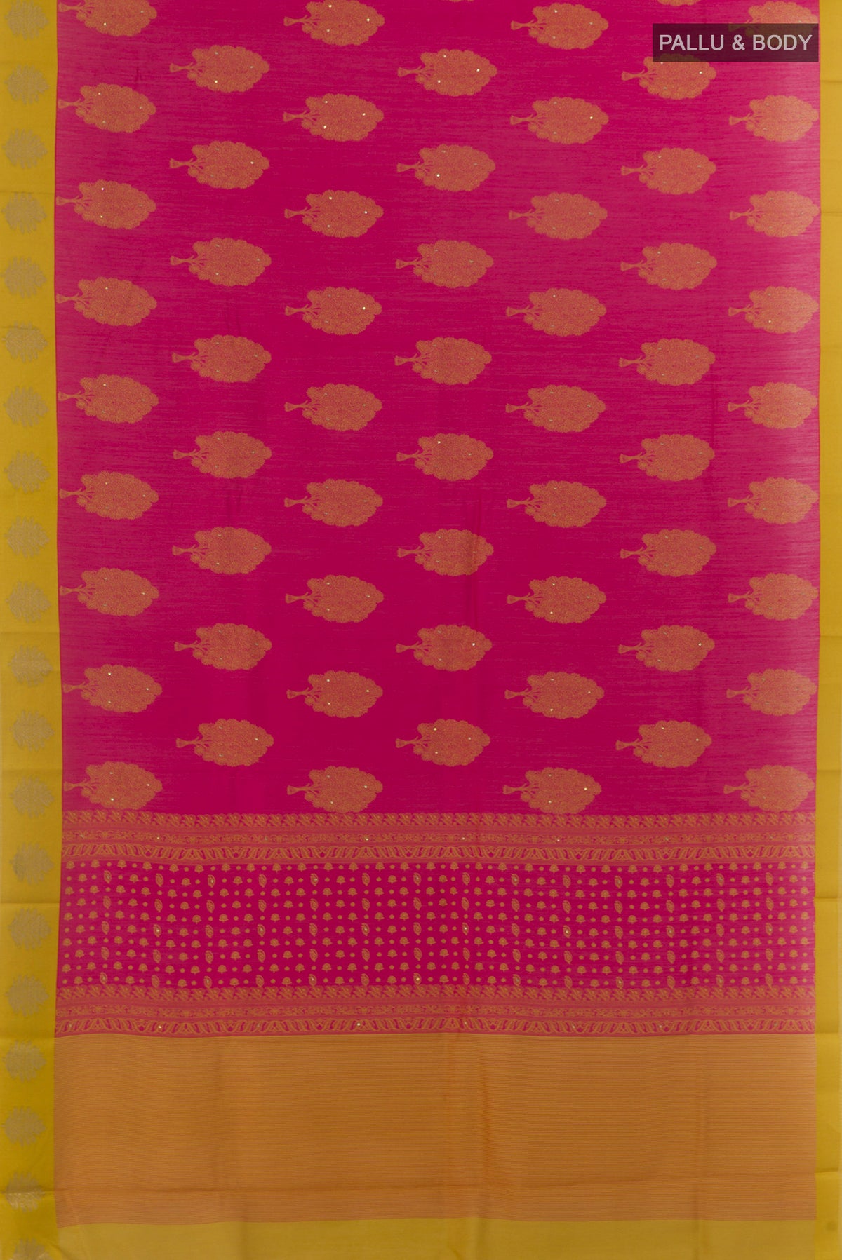 Flat view of Pink Tussar Saree with Printed design on the body and Zari Border. 