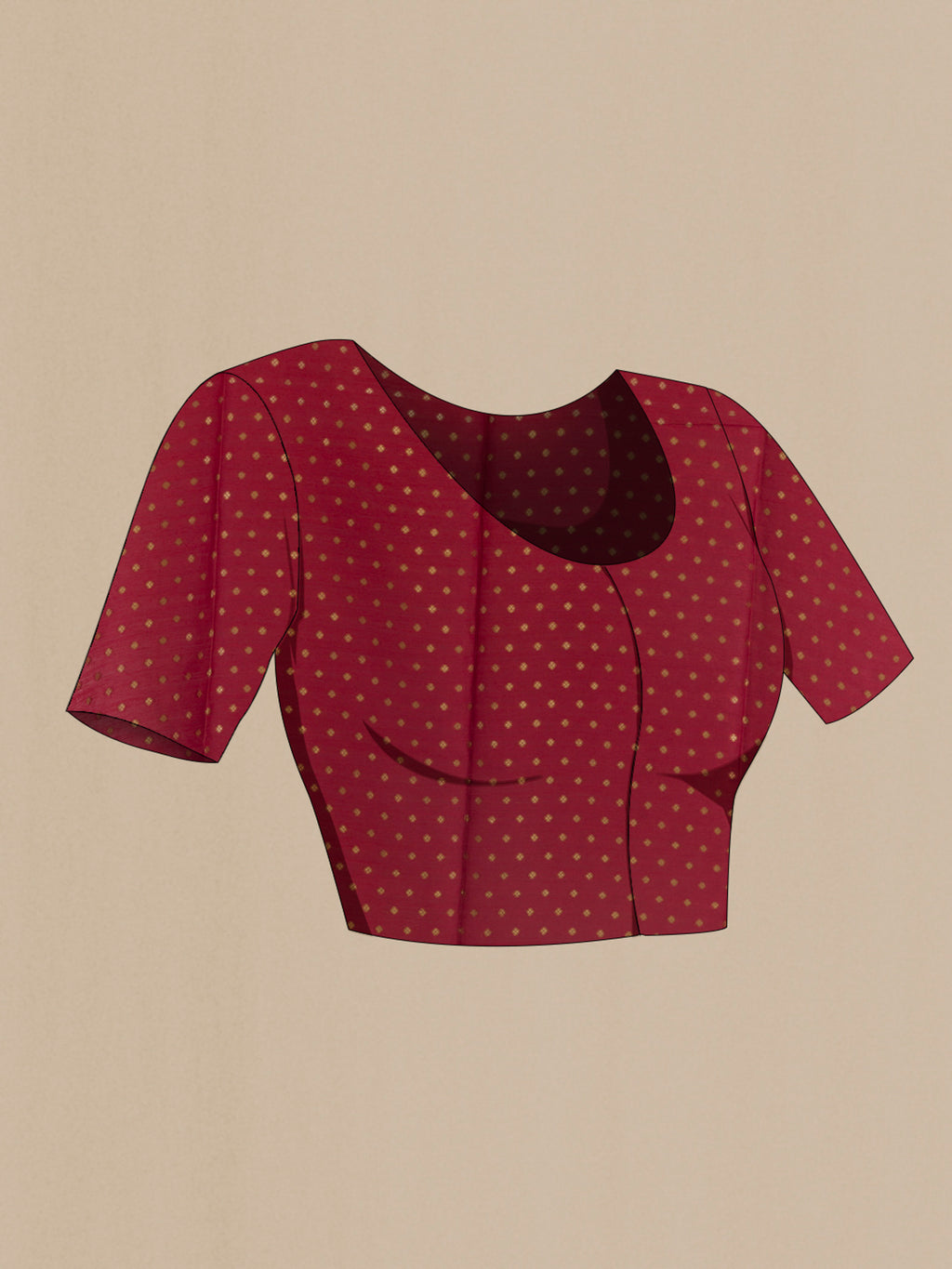 Close up image of the blouse of Mustard Tussar Saree with Printed design on the body and Zari Border. 