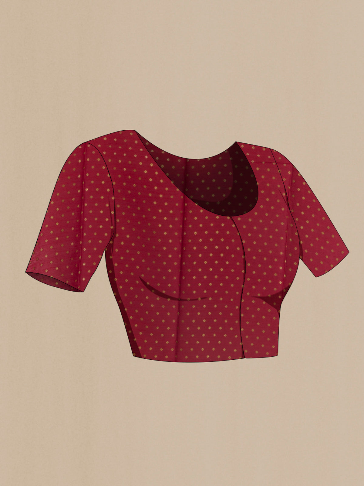 Close up image of the blouse of Mustard Tussar Saree with Printed design on the body and Zari Border. 