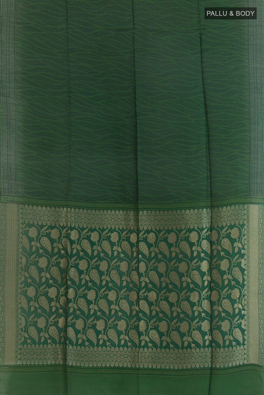 Flat view of Green Tussar Saree with Printed design on the body and Embroidery Border. 