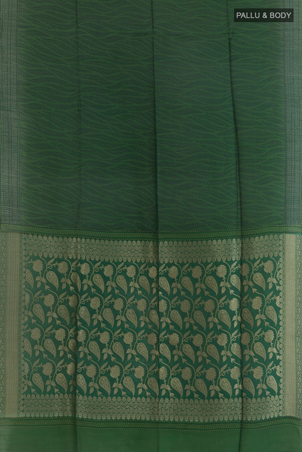 Flat view of Green Tussar Saree with Printed design on the body and Embroidery Border. 