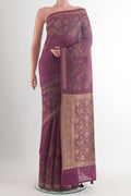 Purple Tussar Saree with Plain Body and Thread Border.  displayed on a mannequin