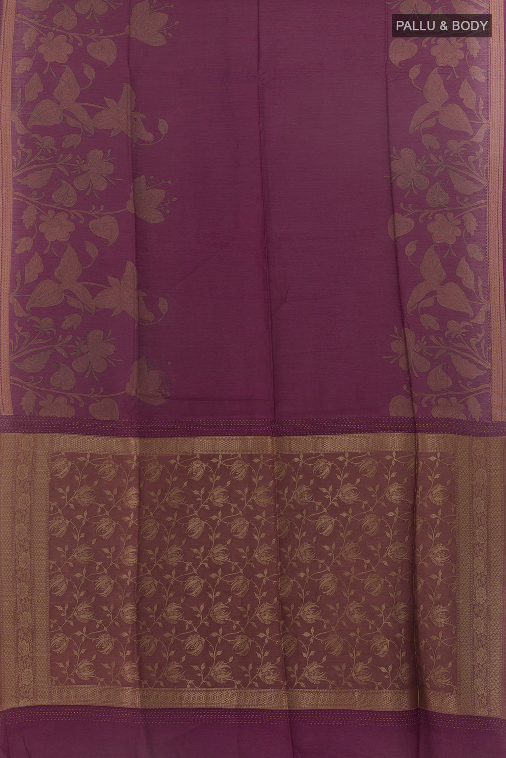 Flat view of Purple Tussar Saree with Plain Body and Thread Border. 
