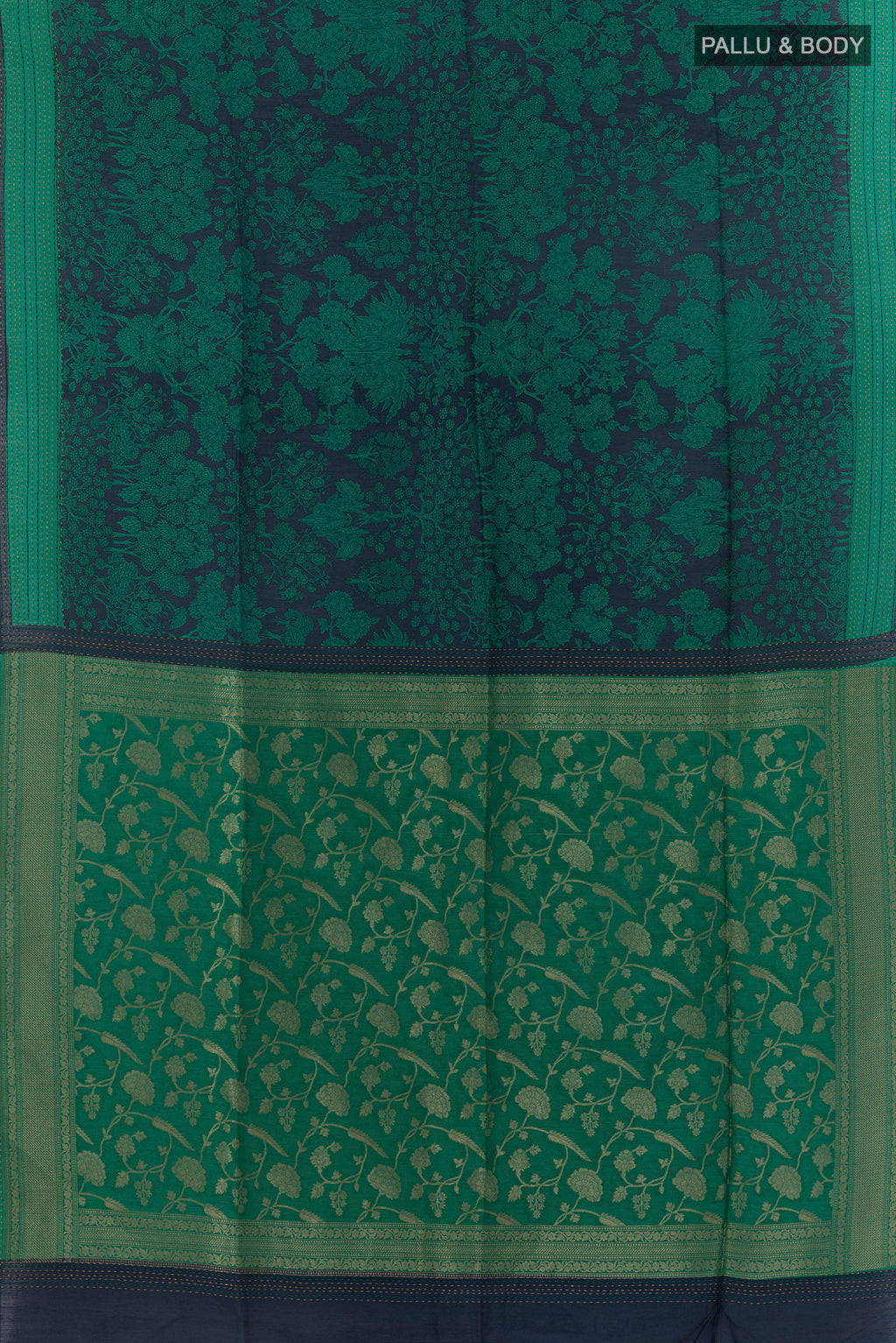 Flat view of Navy Blue Tussar Saree with Floral Print on the body and Zari Border. 
