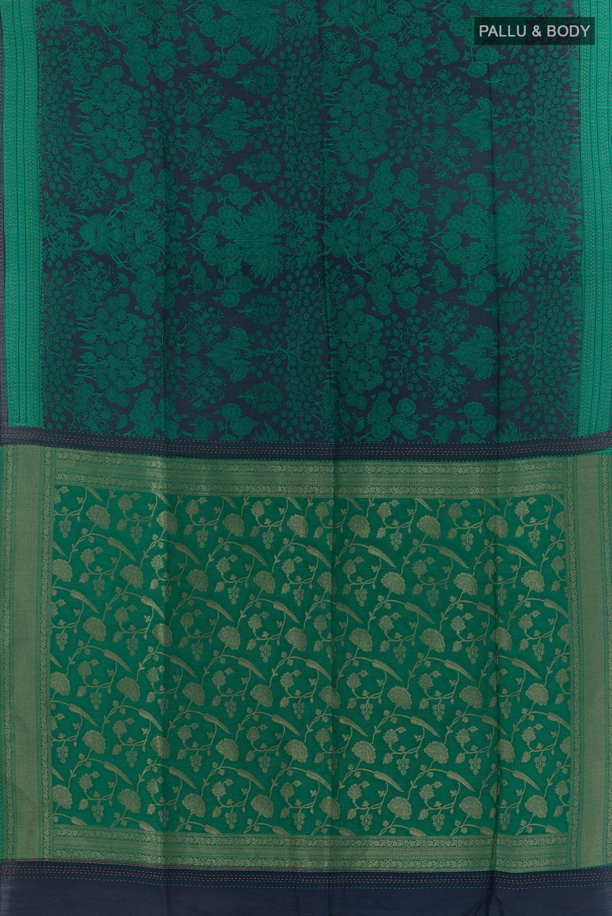 Flat view of Navy Blue Tussar Saree with Floral Print on the body and Zari Border. 