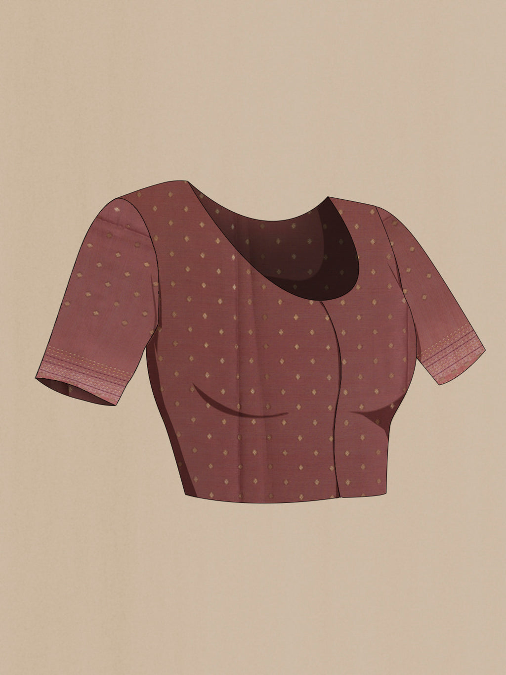 Close up image of the blouse of Maroon Tussar Saree with Printed design on the body and Thread Border. 