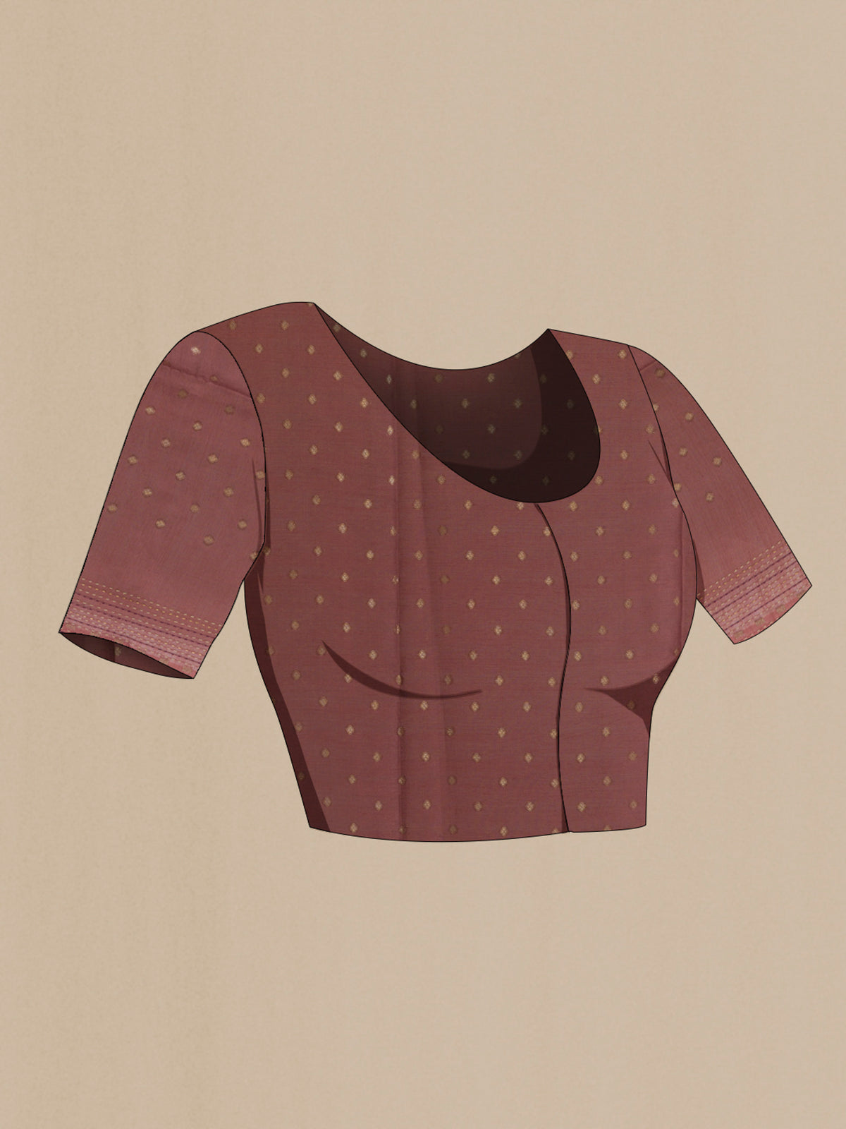 Close up image of the blouse of Maroon Tussar Saree with Printed design on the body and Thread Border. 