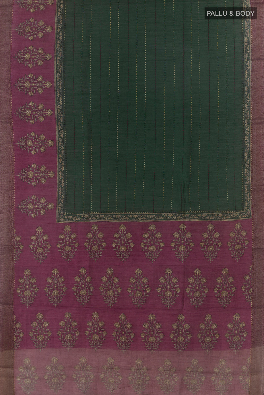 Flat view of Green Tussar Saree with Stripes on the body and Zari Border. 