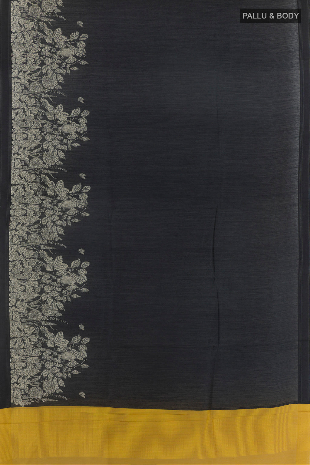 Flat view of Black Tussar Saree with Plain Body and Printed Border. 
