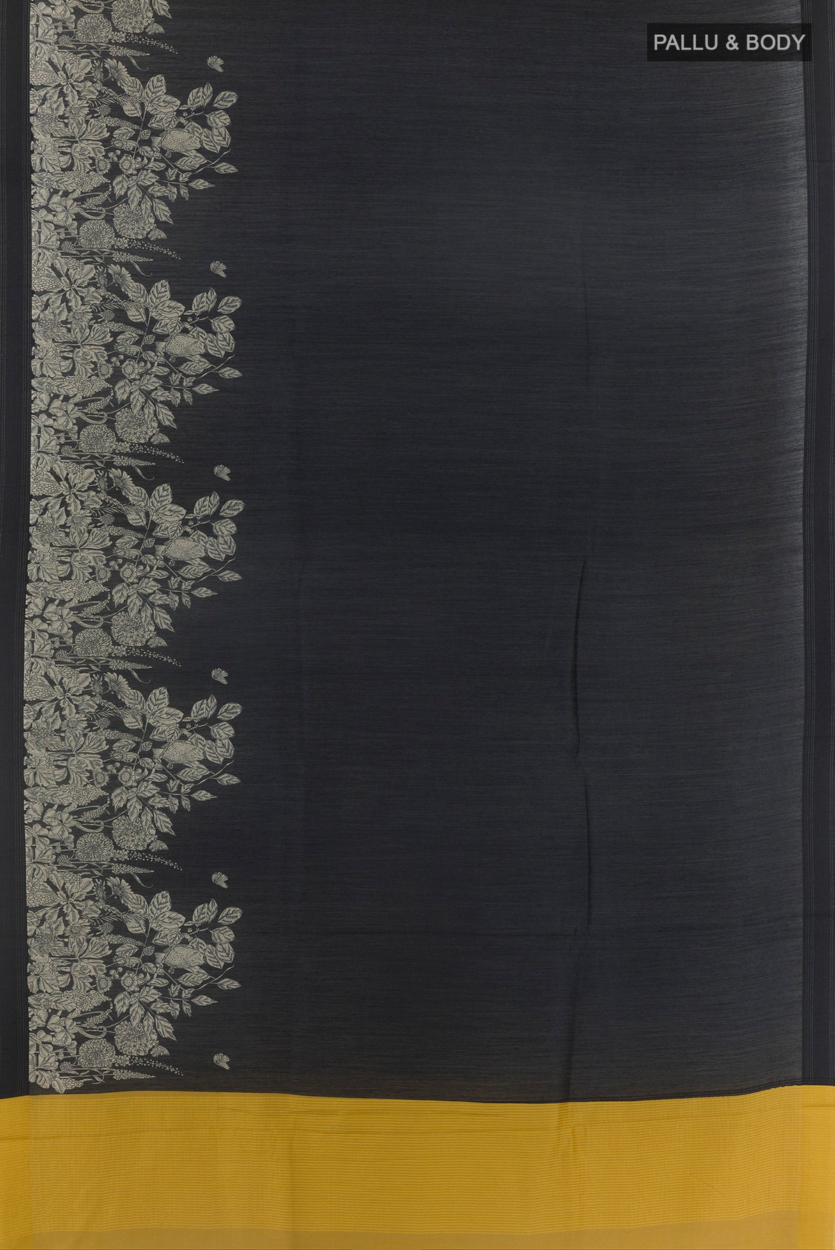 Flat view of Black Tussar Saree with Plain Body and Printed Border. 