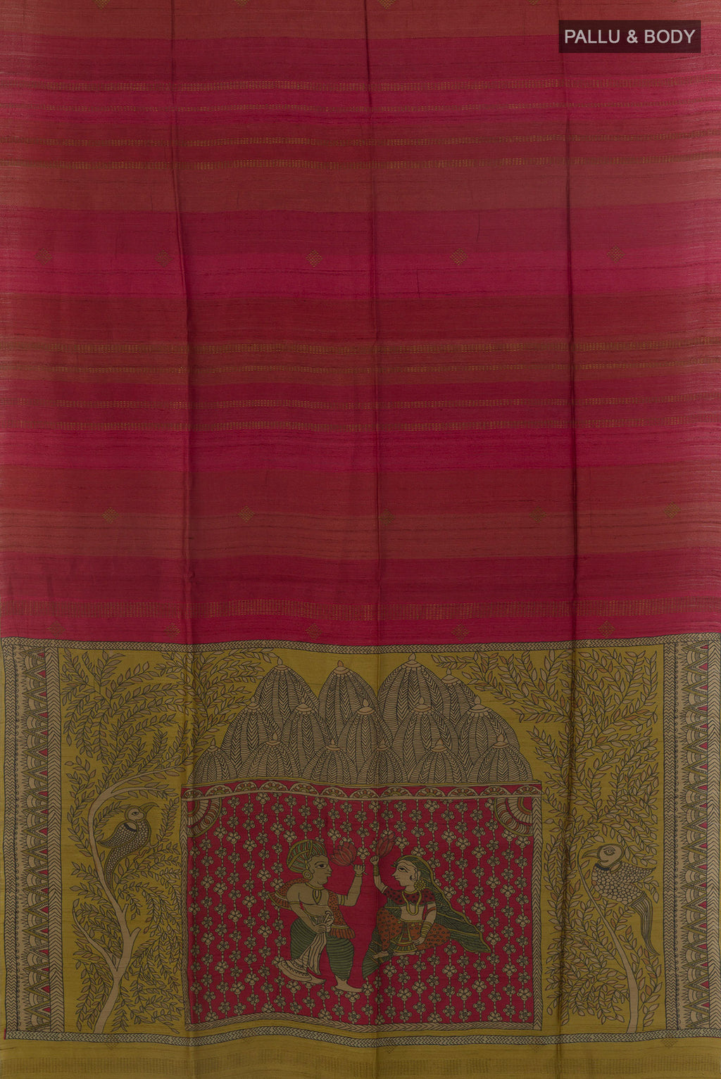 Flat view of Red Tussar Saree with Zari Butta on the body and Zari Border. 