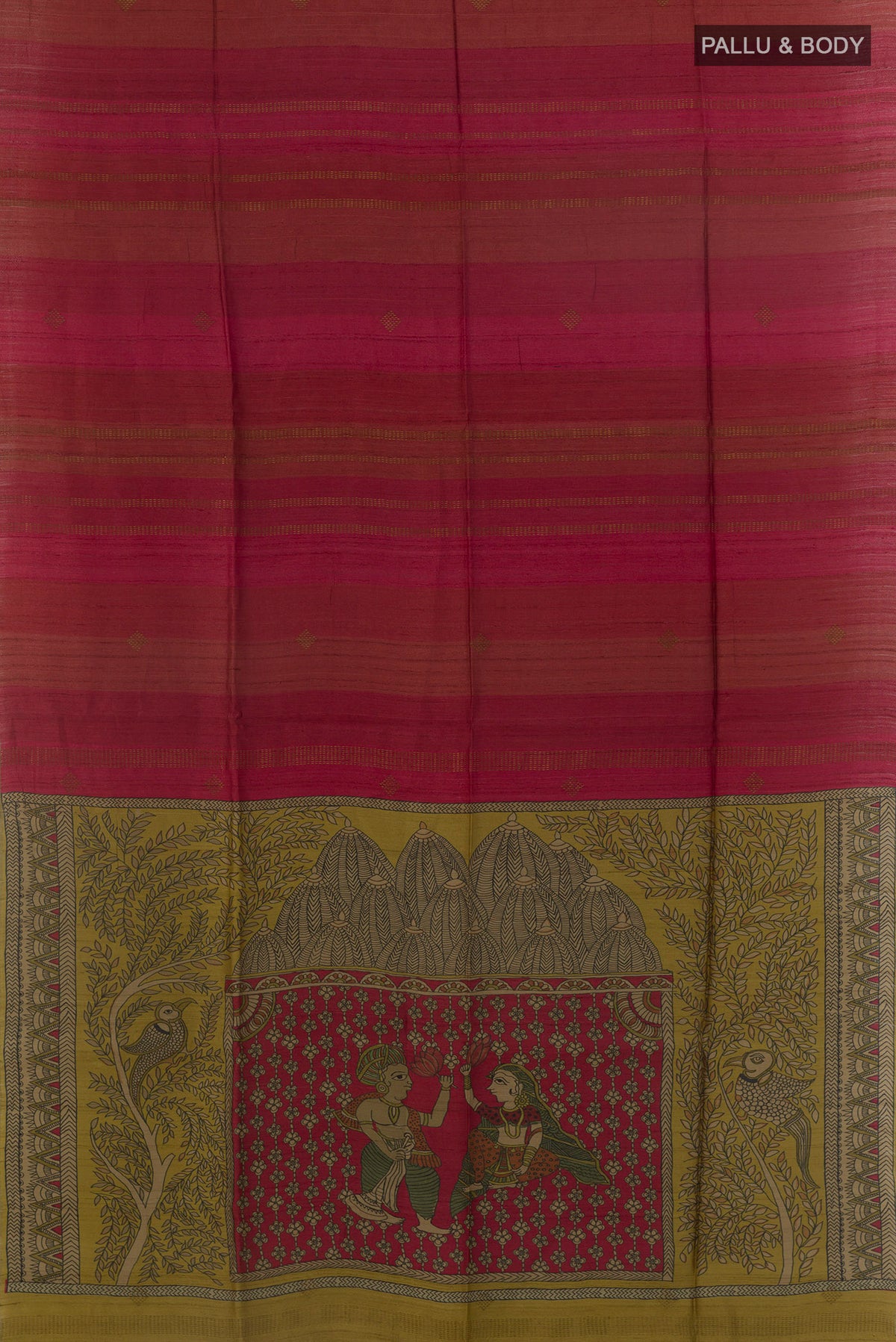 Flat view of Red Tussar Saree with Zari Butta on the body and Zari Border. 