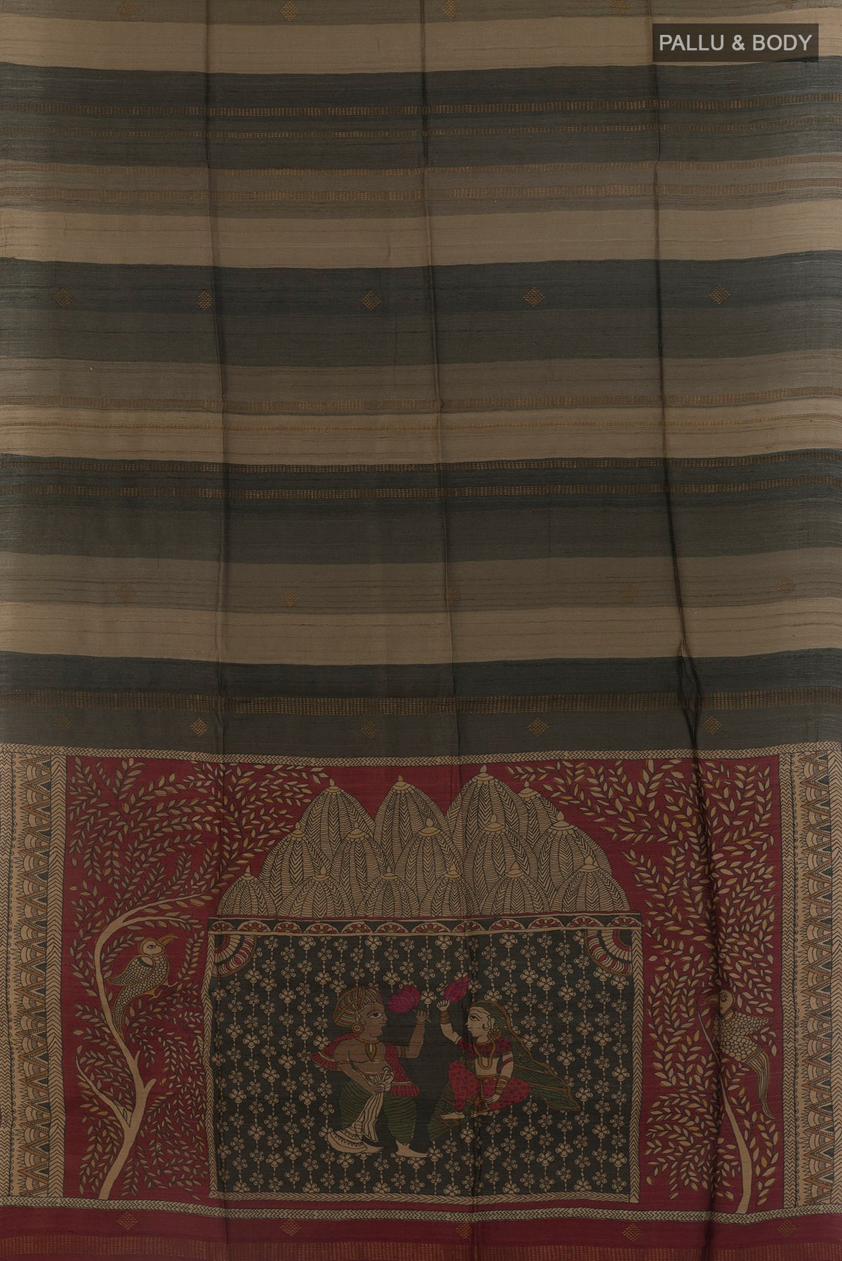 Flat view of Olive Green Tussar Saree with Stripes on the body and Zari Border. 