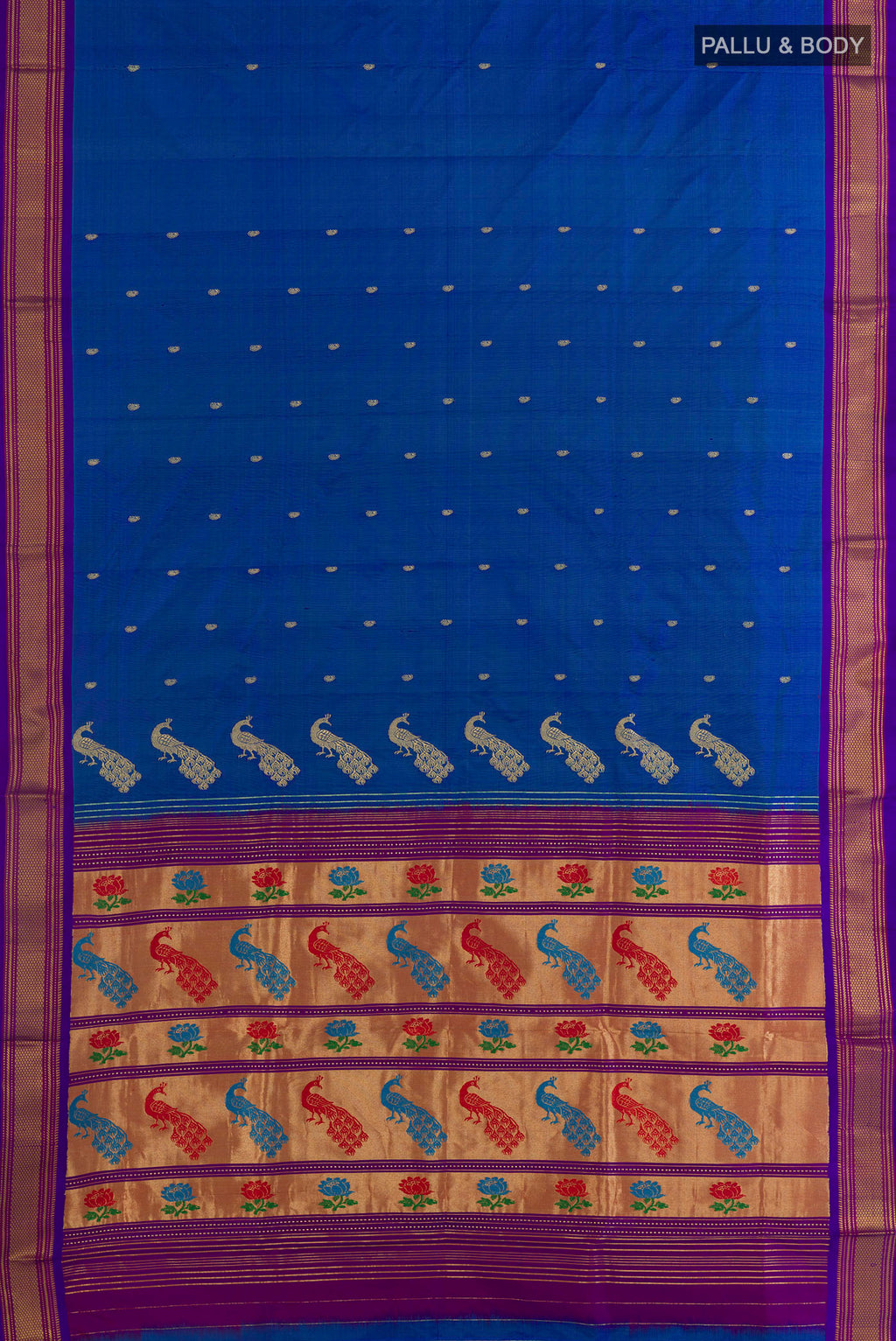 Flat view of Pure Silk Royal Blue Paithani Saree with Zari Butta on the body and Zari Border. 