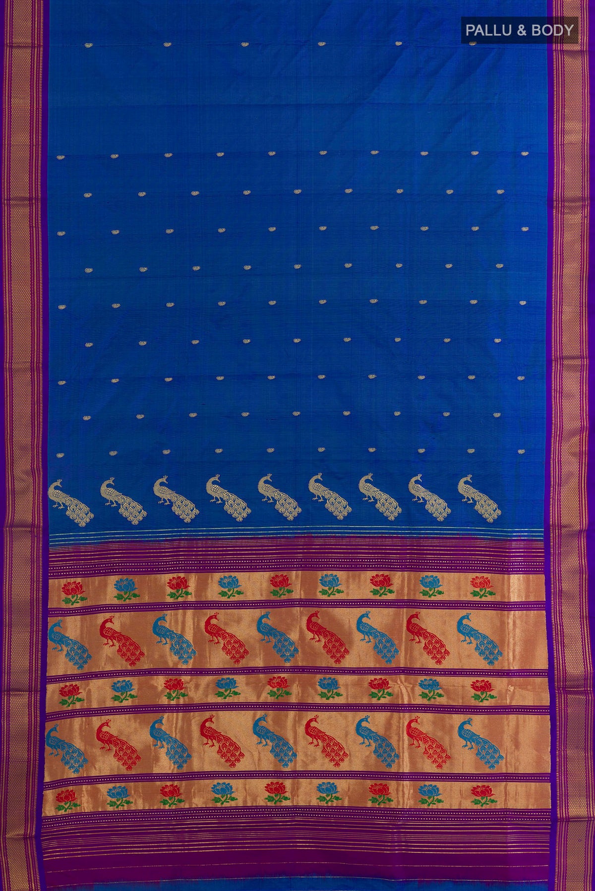 Flat view of Pure Silk Royal Blue Paithani Saree with Zari Butta on the body and Zari Border. 