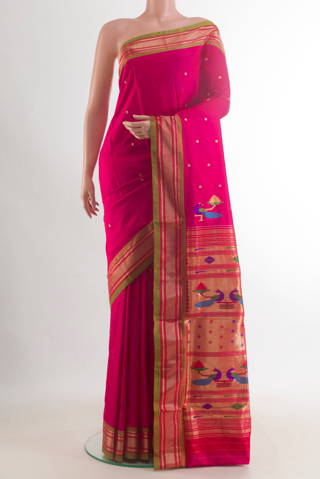 Pure Silk Pink Paithani Saree with Zari Butta on the body and Zari Border.  displayed on a mannequin