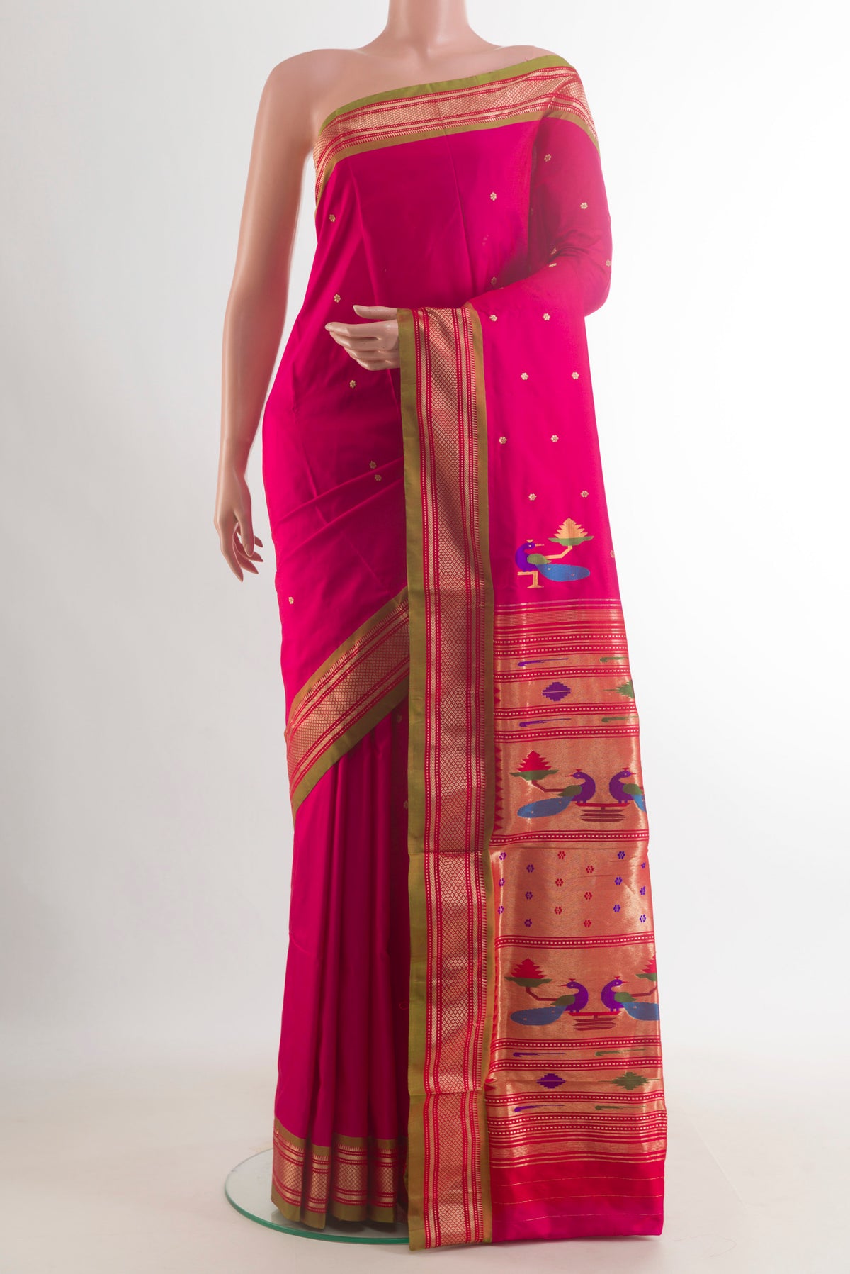 Pure Silk Pink Paithani Saree with Zari Butta on the body and Zari Border.  displayed on a mannequin