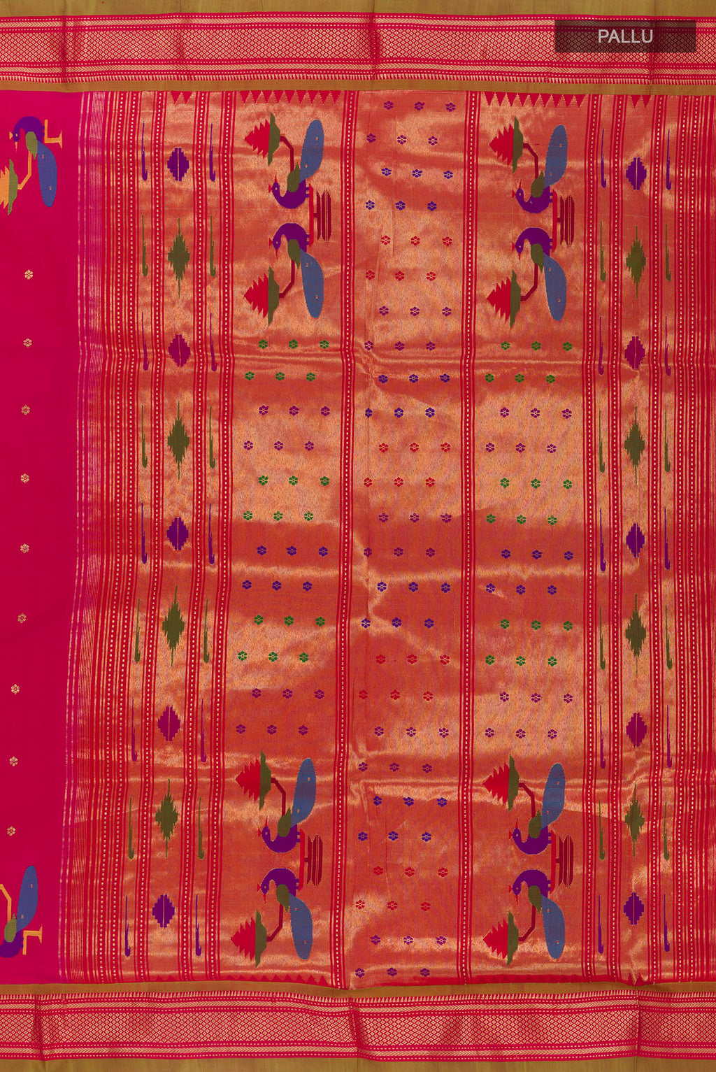 Close up image of the pallu of Pure Silk Pink Paithani Saree with Zari Butta on the body and Zari Border. 