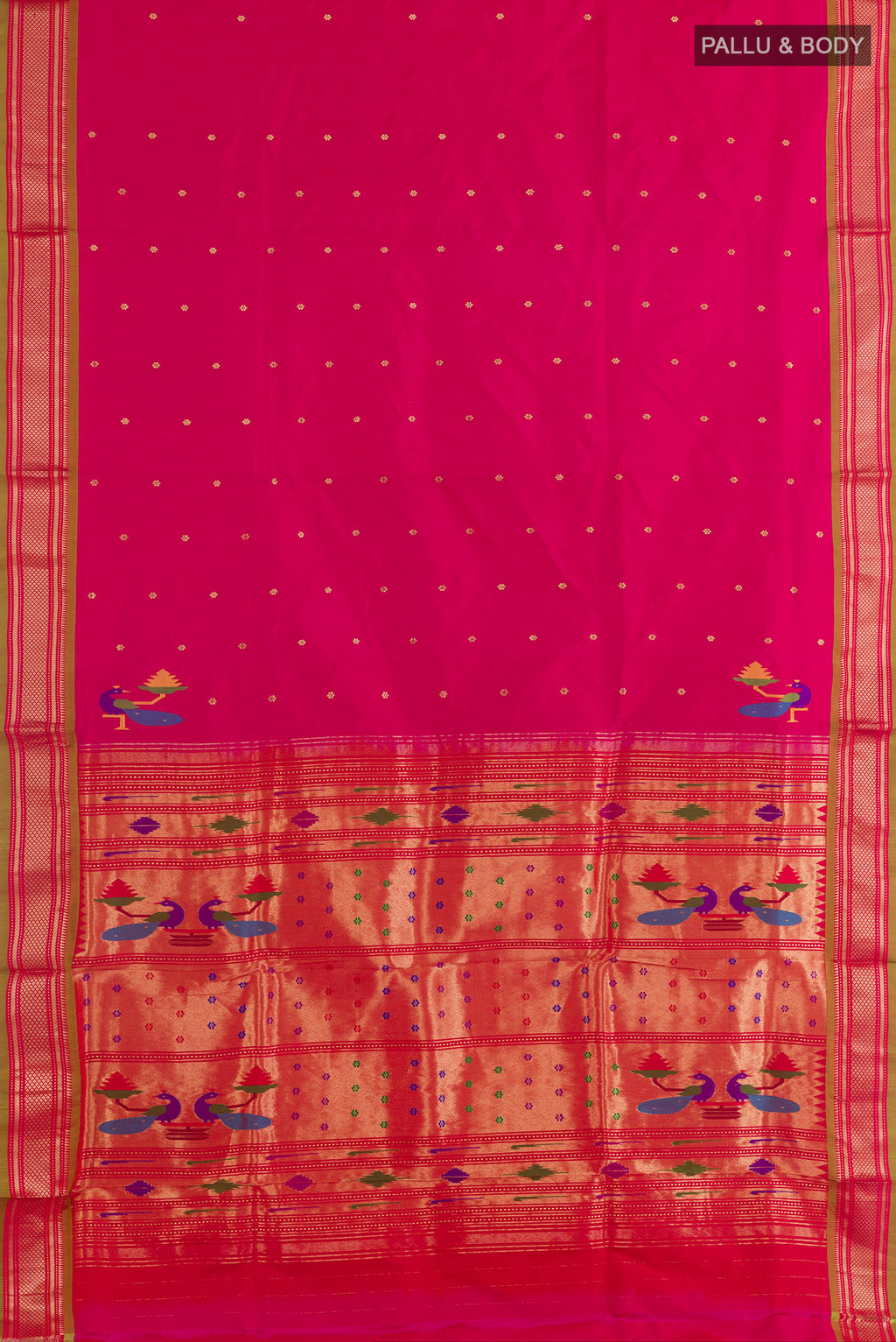 Flat view of Pure Silk Pink Paithani Saree with Zari Butta on the body and Zari Border. 