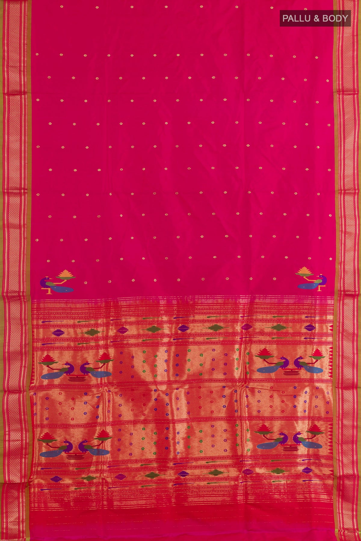 Flat view of Pure Silk Pink Paithani Saree with Zari Butta on the body and Zari Border. 