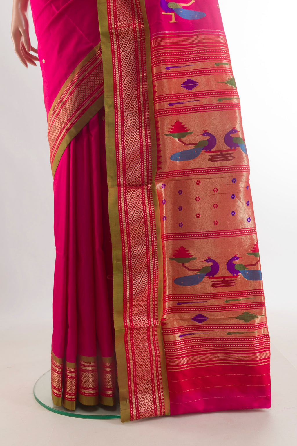 Pleats and pallu of Pure Silk Pink Paithani Saree with Zari Butta on the body and Zari Border. 