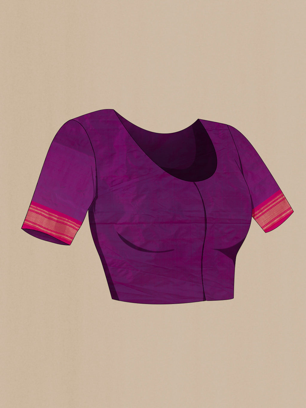 Close up image of the blouse of Pure Silk Purple Paithani Saree with Zari Butta on the body and Zari Border. 