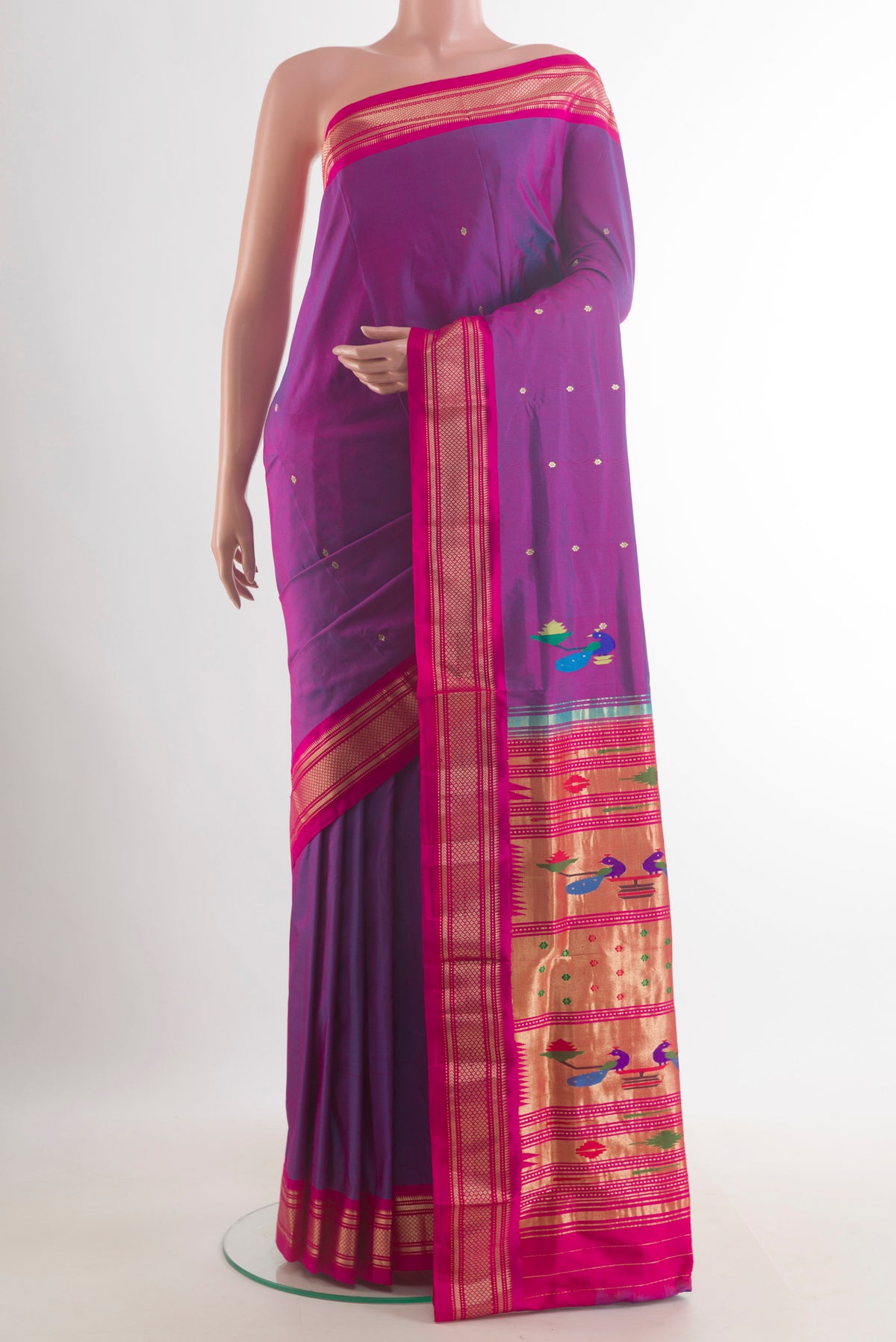 Pure Silk Purple Paithani Saree with Zari Butta on the body and Zari Border.  displayed on a mannequin