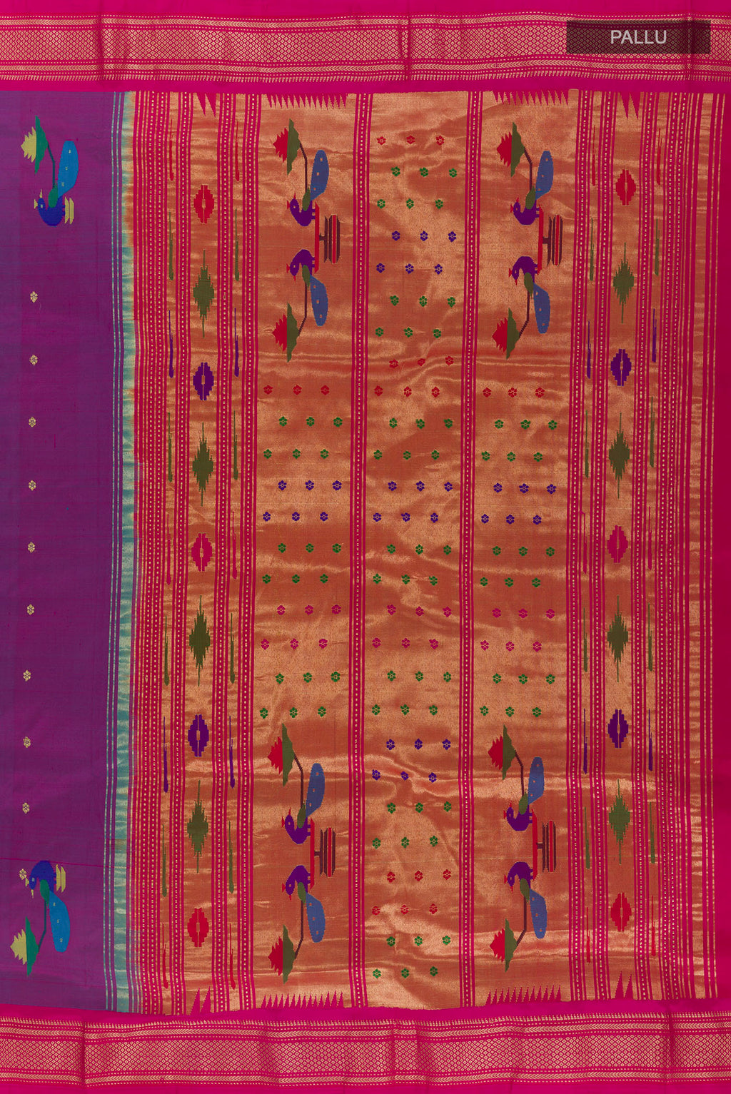 Close up image of the pallu of Pure Silk Purple Paithani Saree with Zari Butta on the body and Zari Border. 