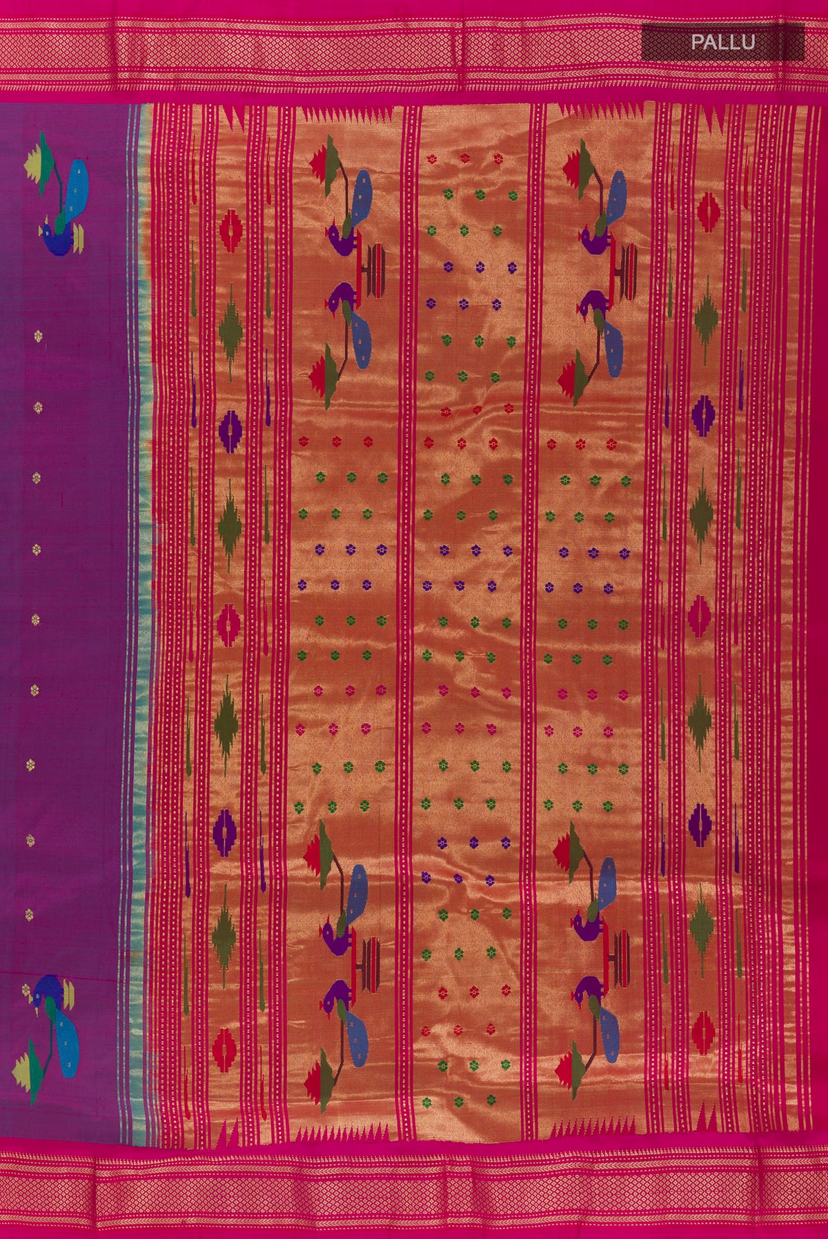 Close up image of the pallu of Pure Silk Purple Paithani Saree with Zari Butta on the body and Zari Border. 